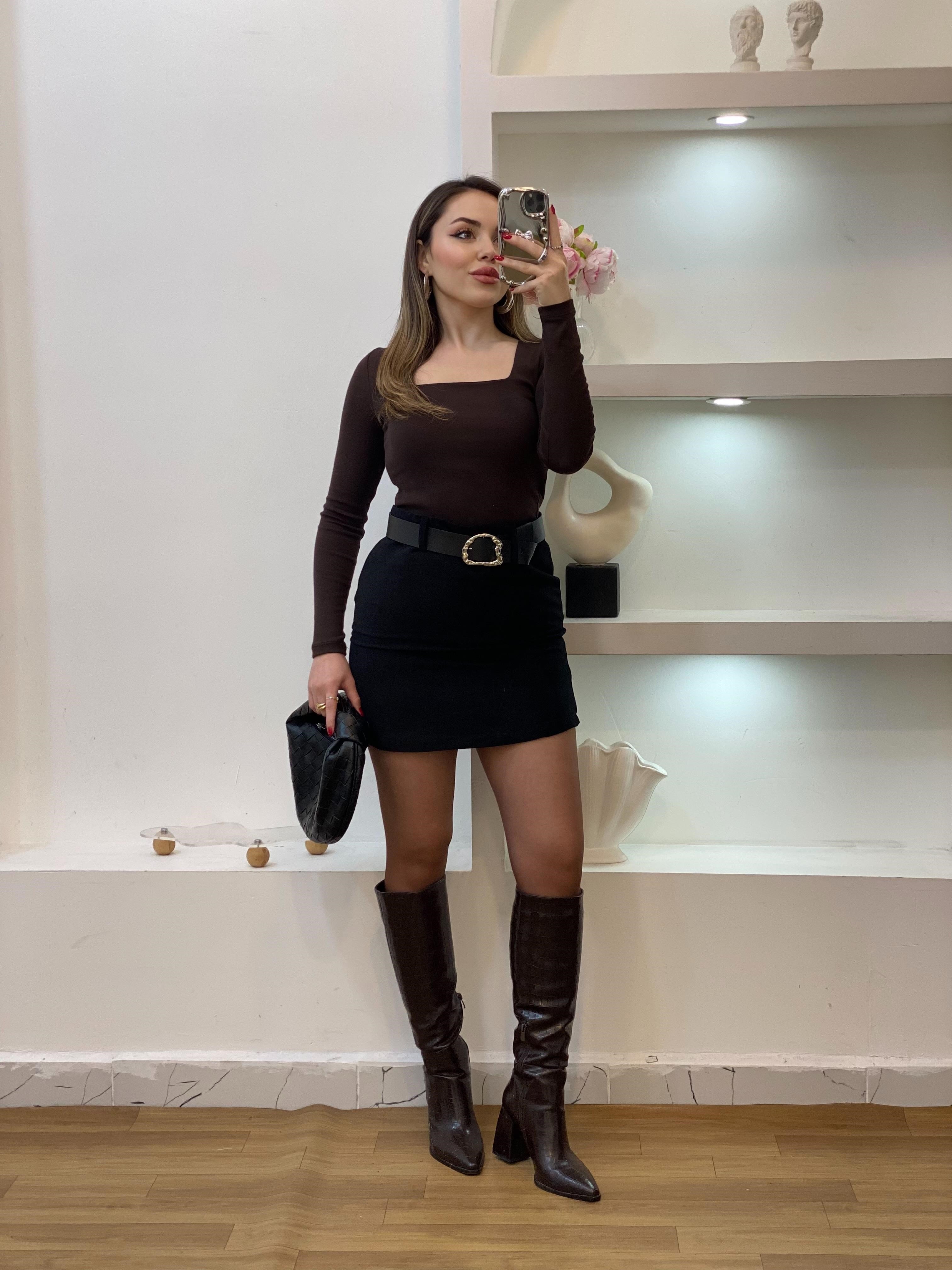 Kahve Sandık Yaka Basic Bluz