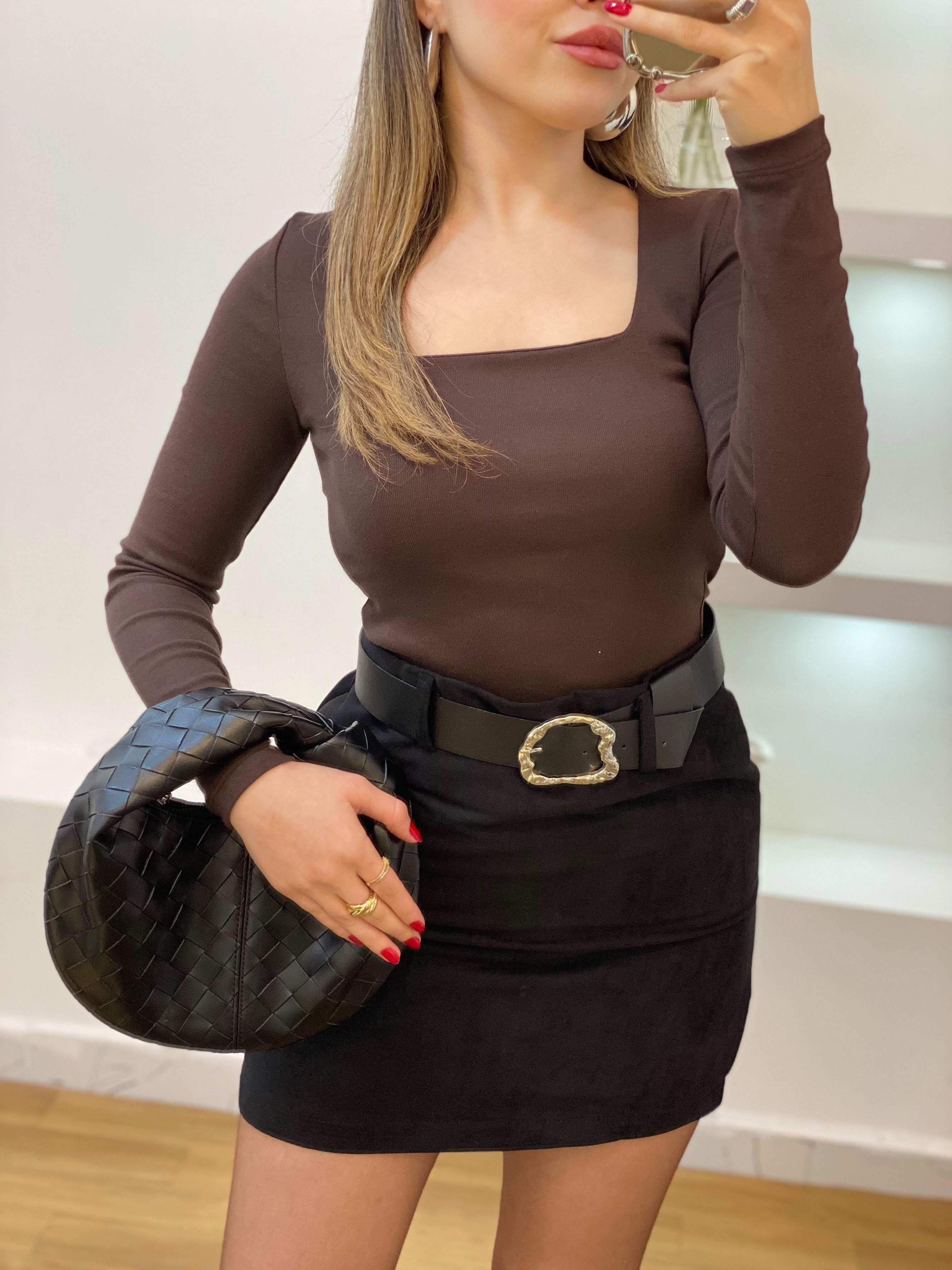 Kahve Sandık Yaka Basic Bluz