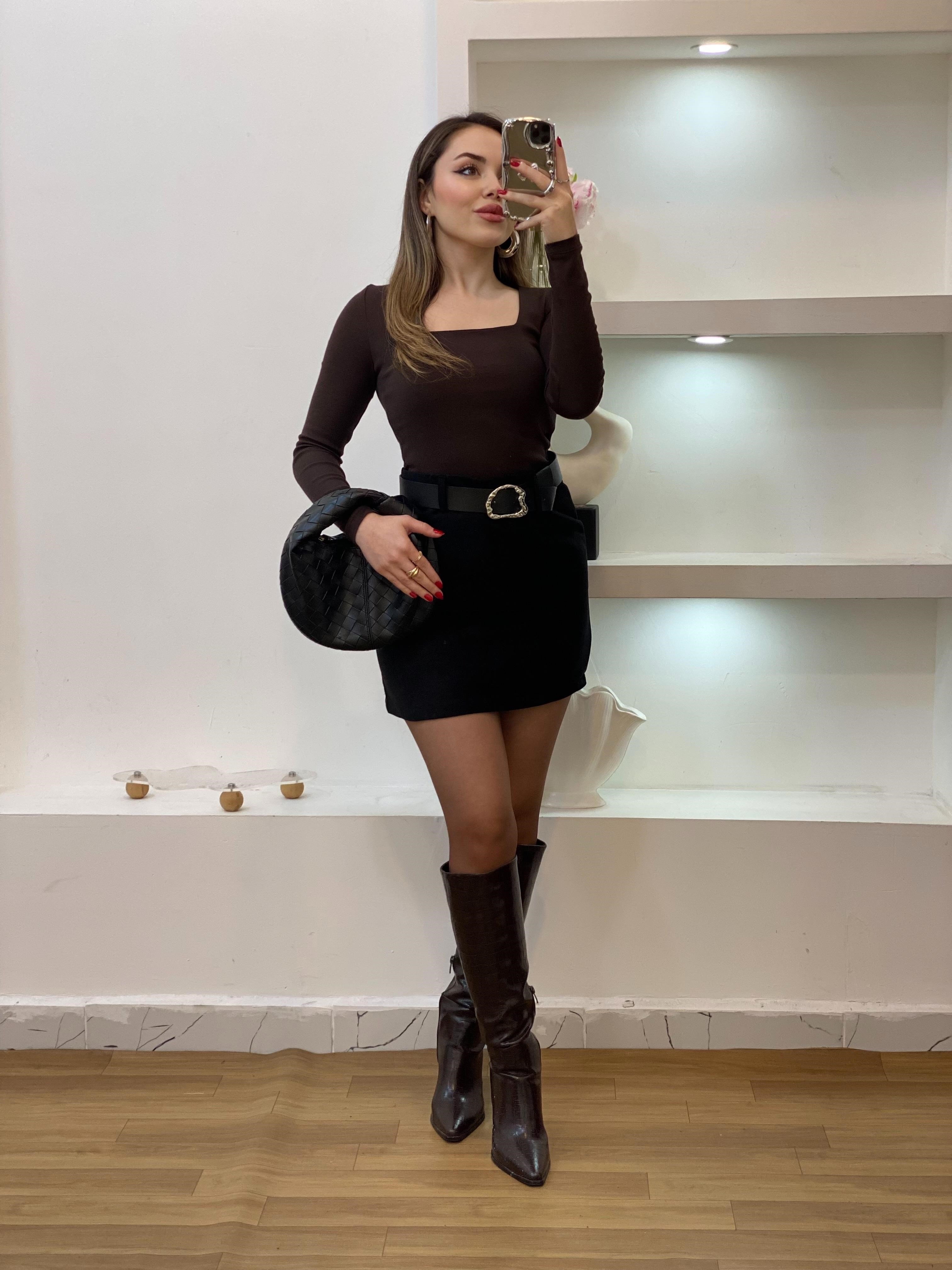 Kahve Sandık Yaka Basic Bluz