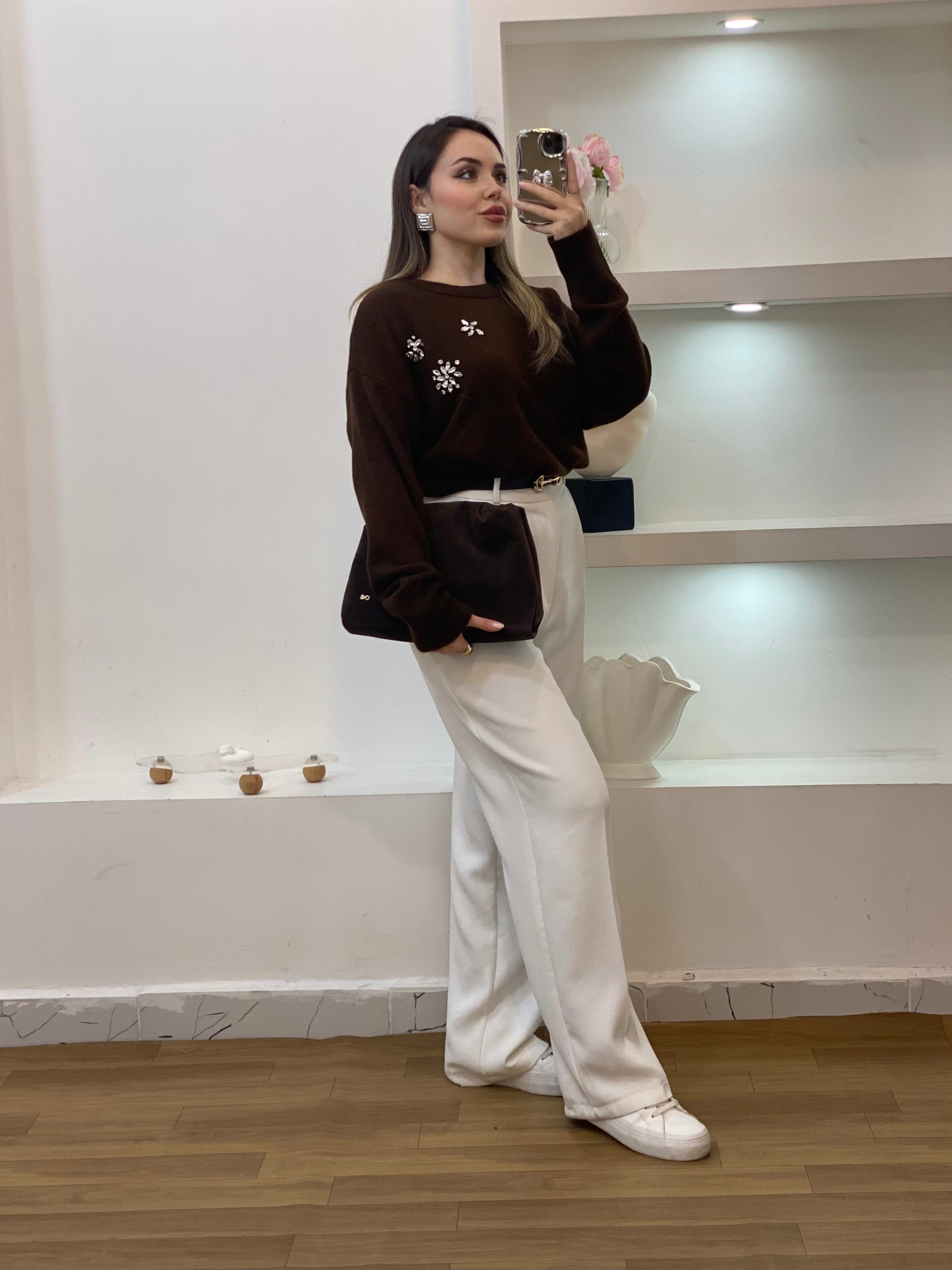 Kahve Taşlı Model Triko Kazak