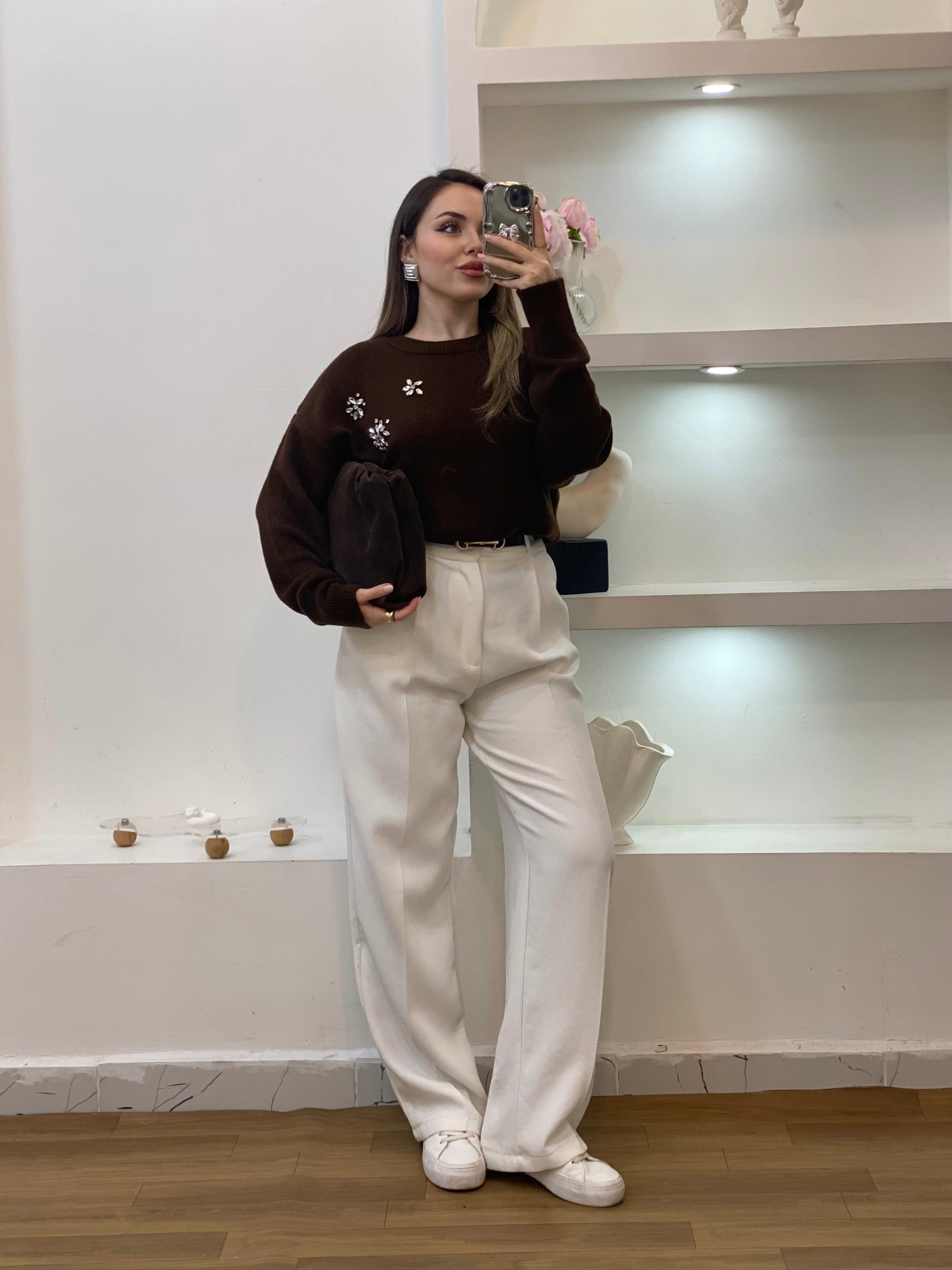 Kahve Taşlı Model Triko Kazak