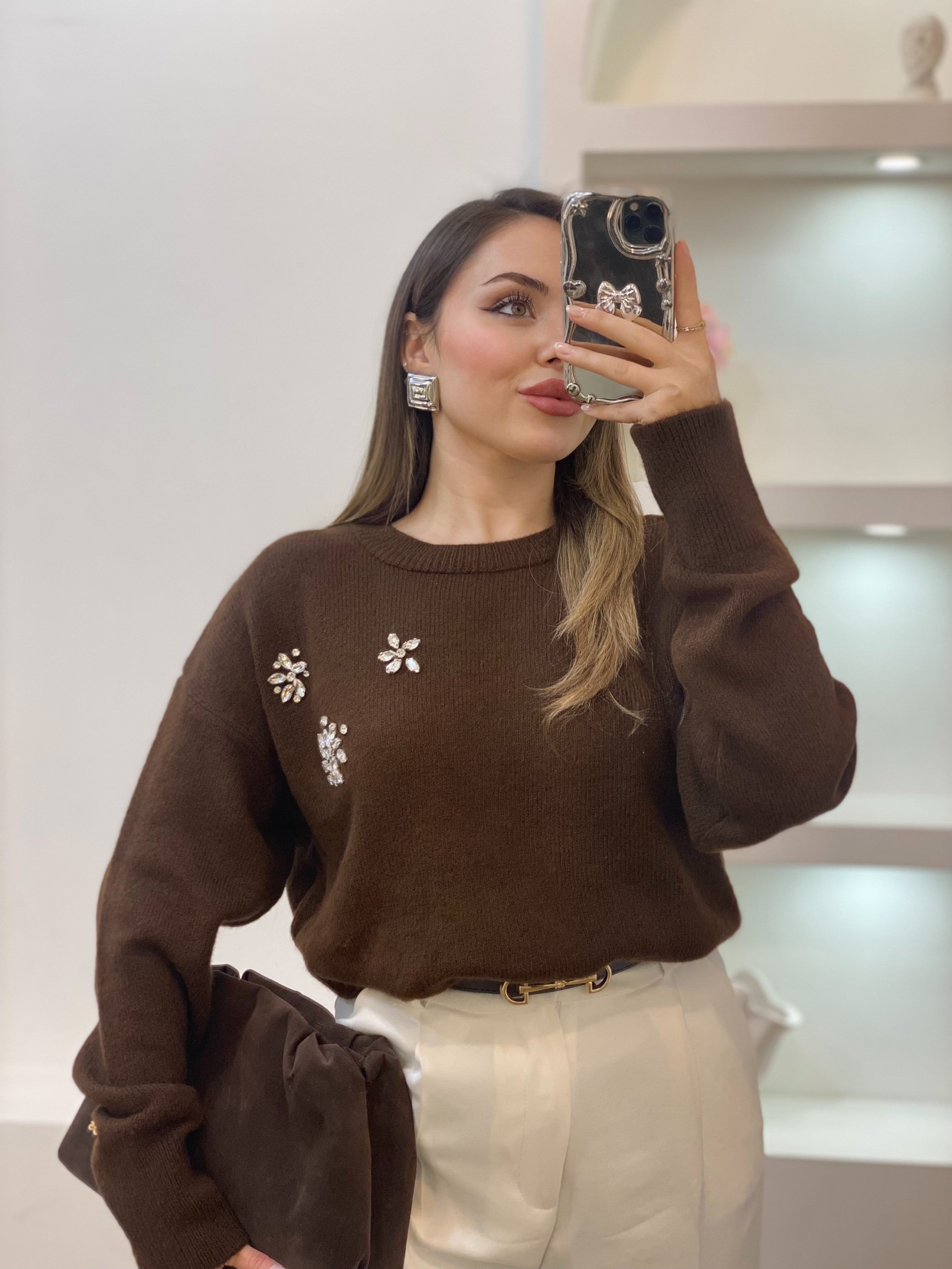Kahve Taşlı Model Triko Kazak