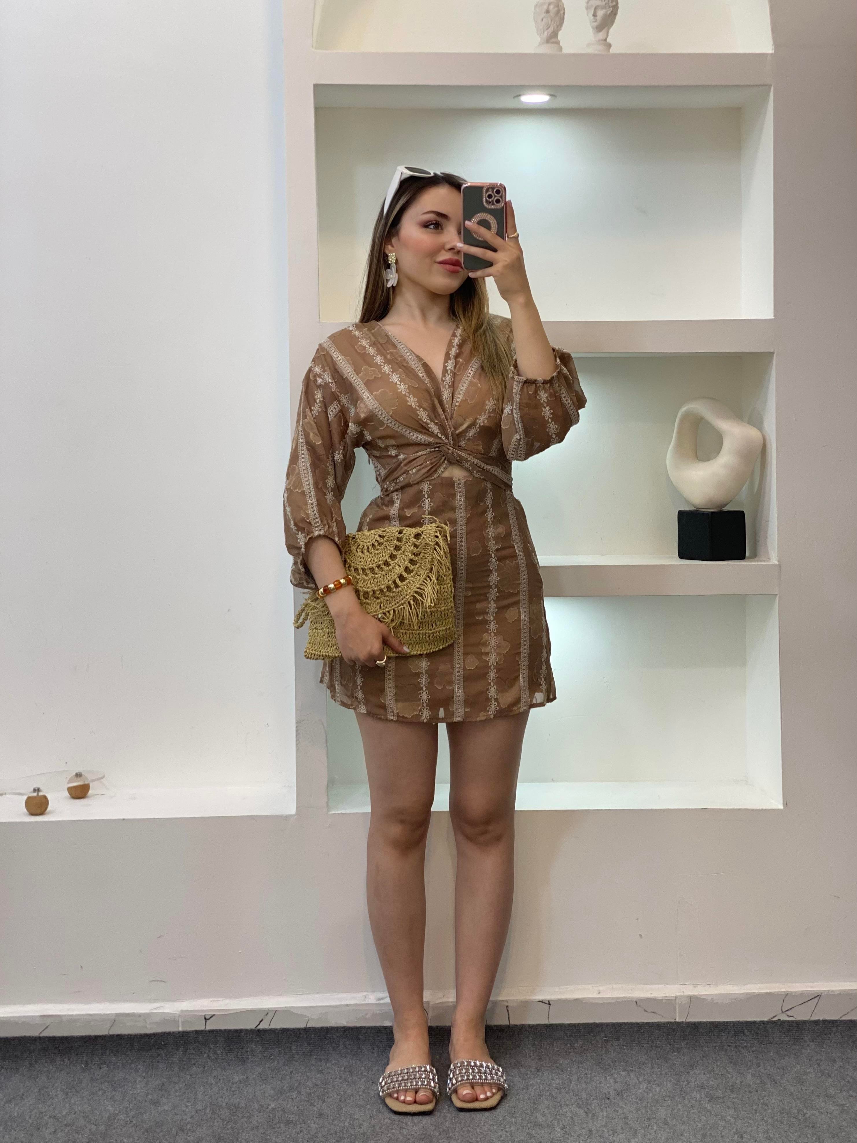 Kahve Transparan Mini Dekolteli Elbise 