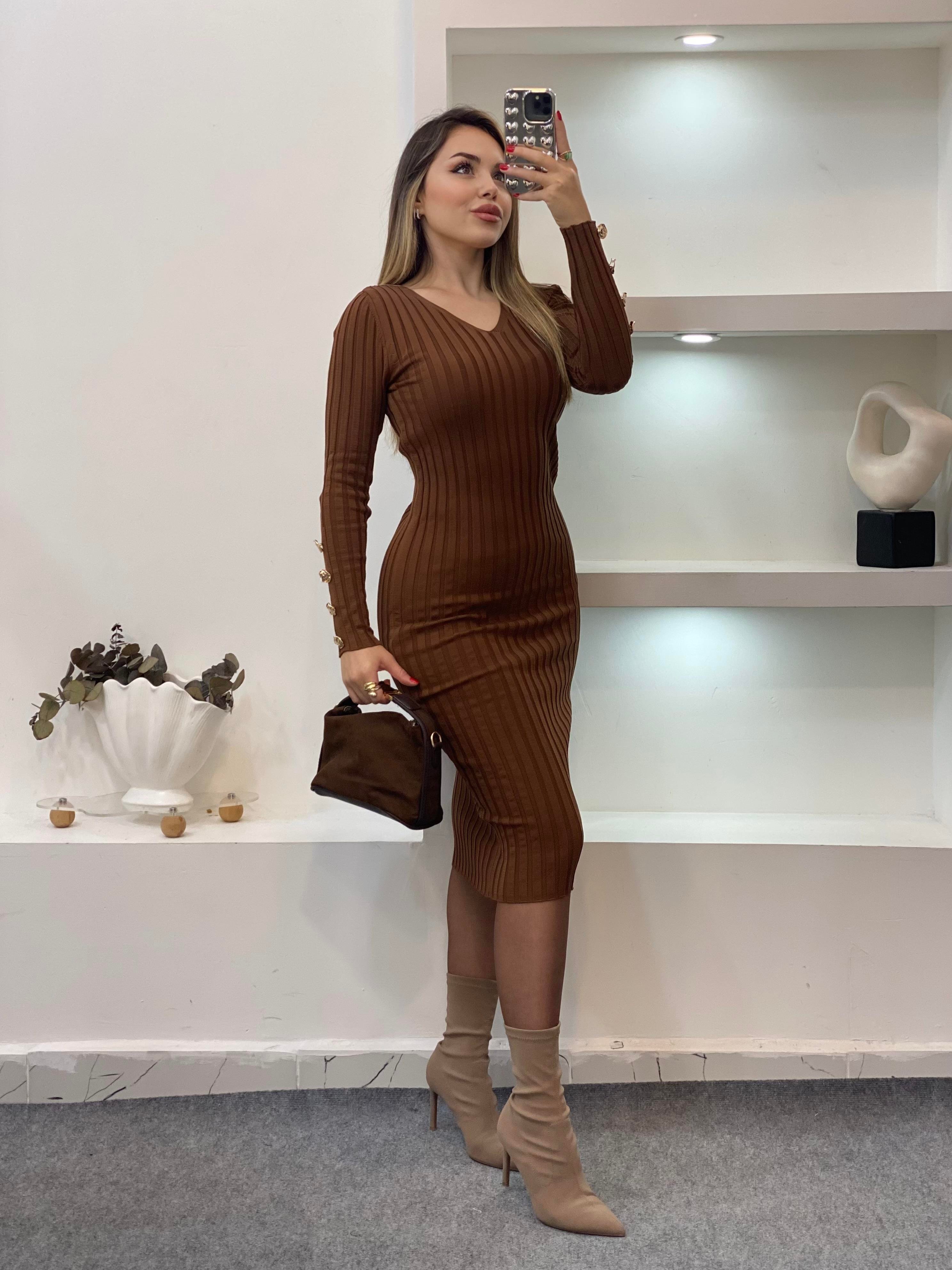 Kahve V Yaka Bilek Gold Düğmeli Triko Elbise