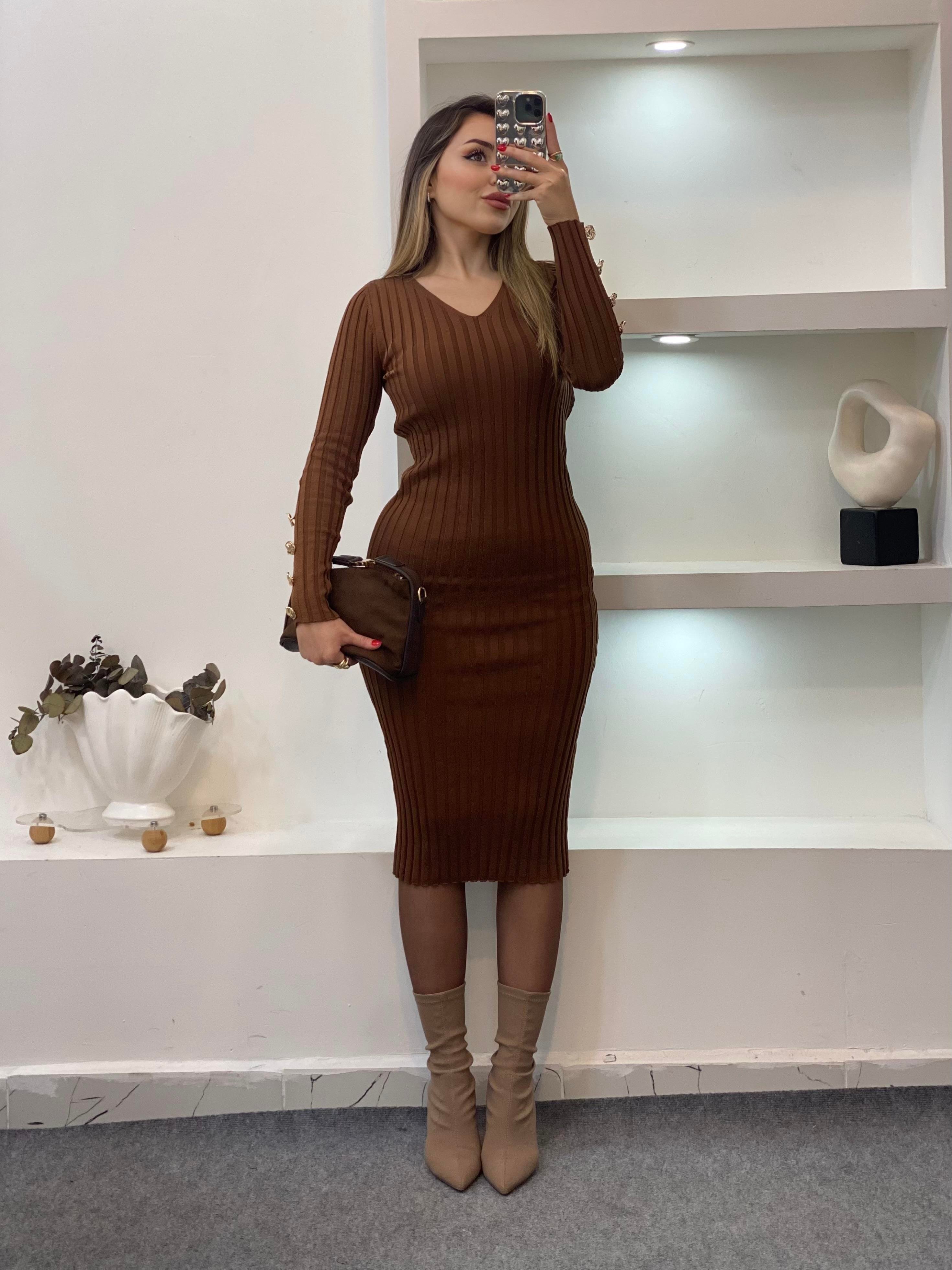 Kahve V Yaka Bilek Gold Düğmeli Triko Elbise