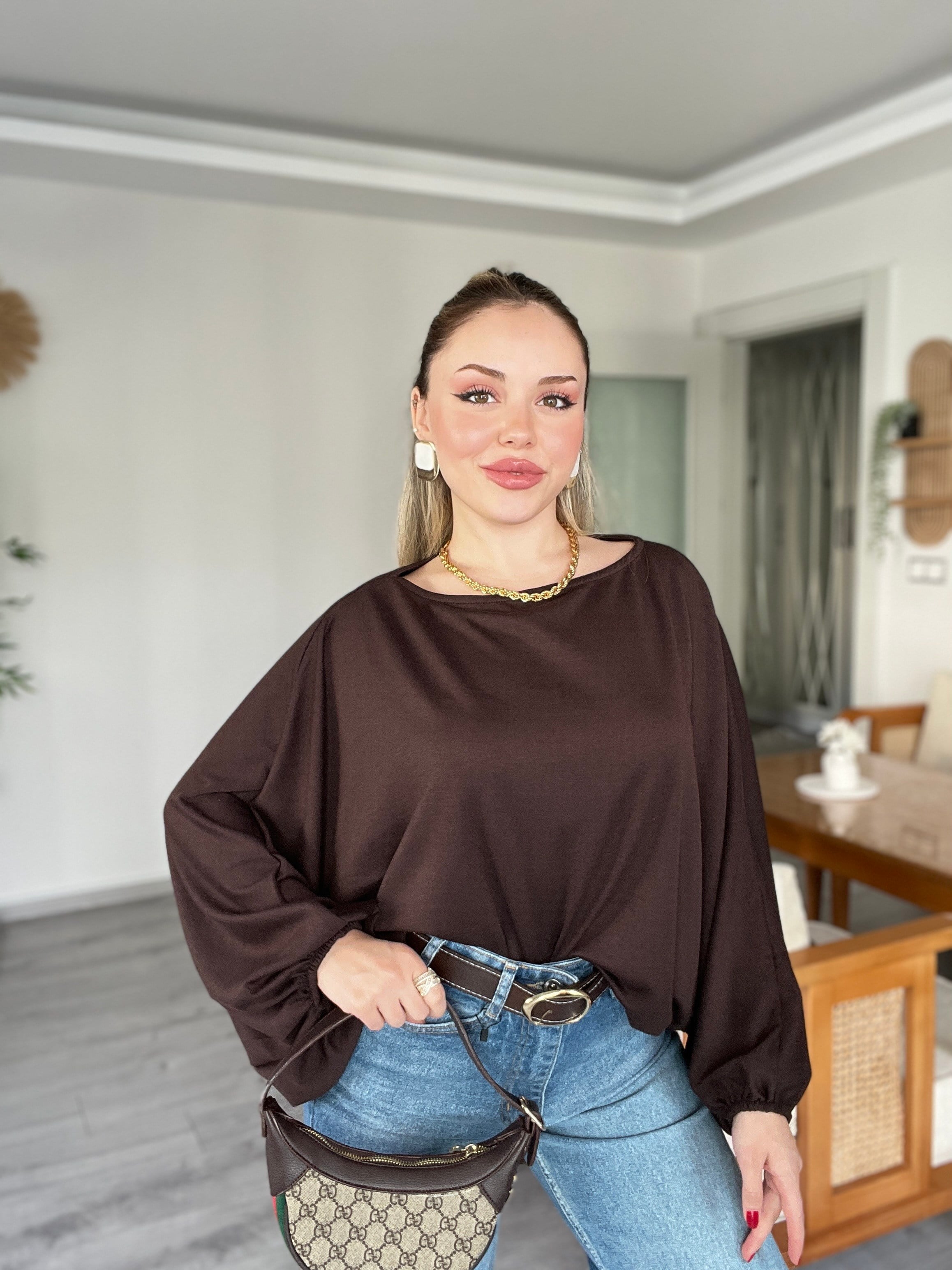 Kahve Yarasa Kol Oversize Modal Bluz