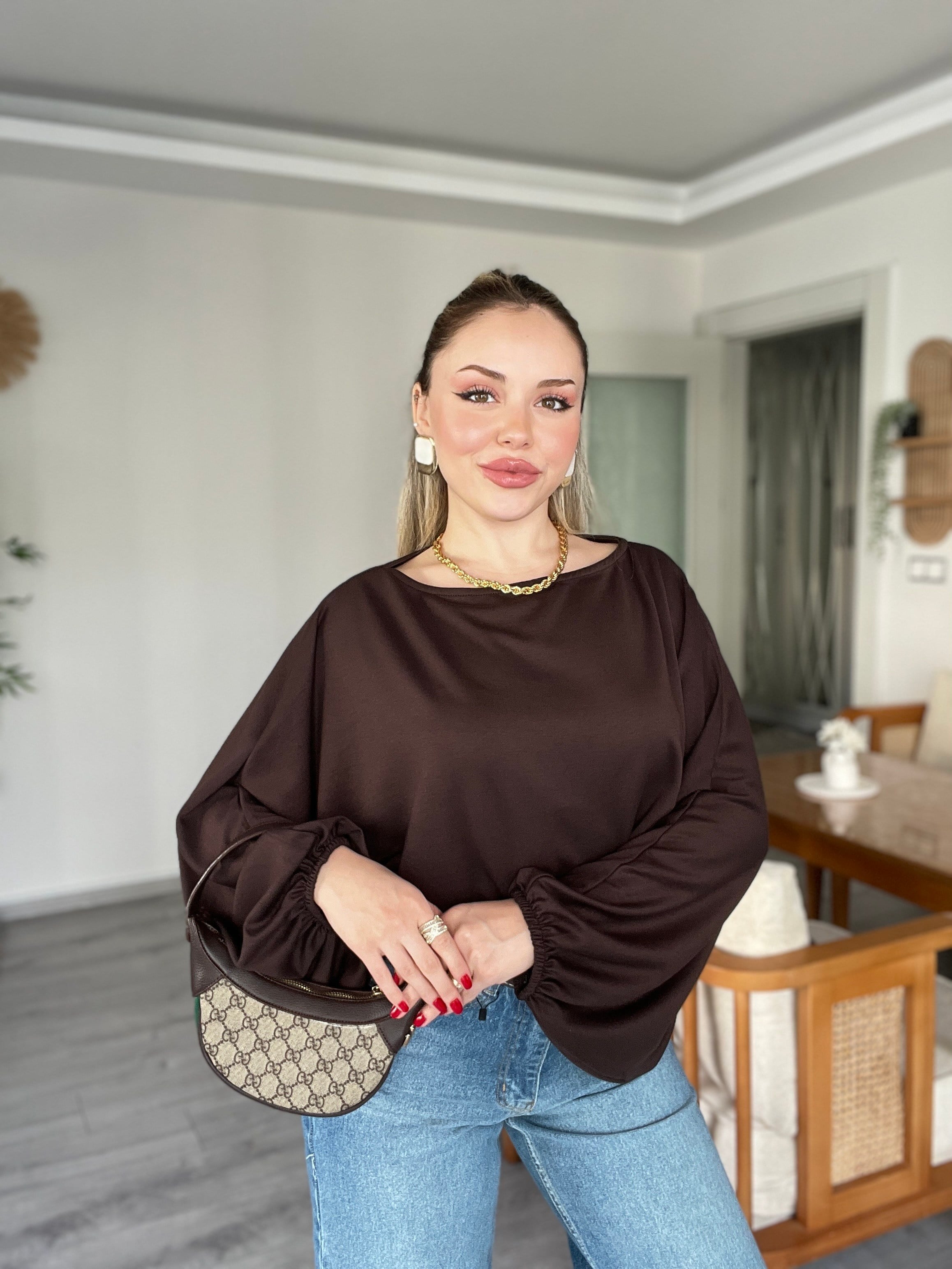 Kahve Yarasa Kol Oversize Modal Bluz