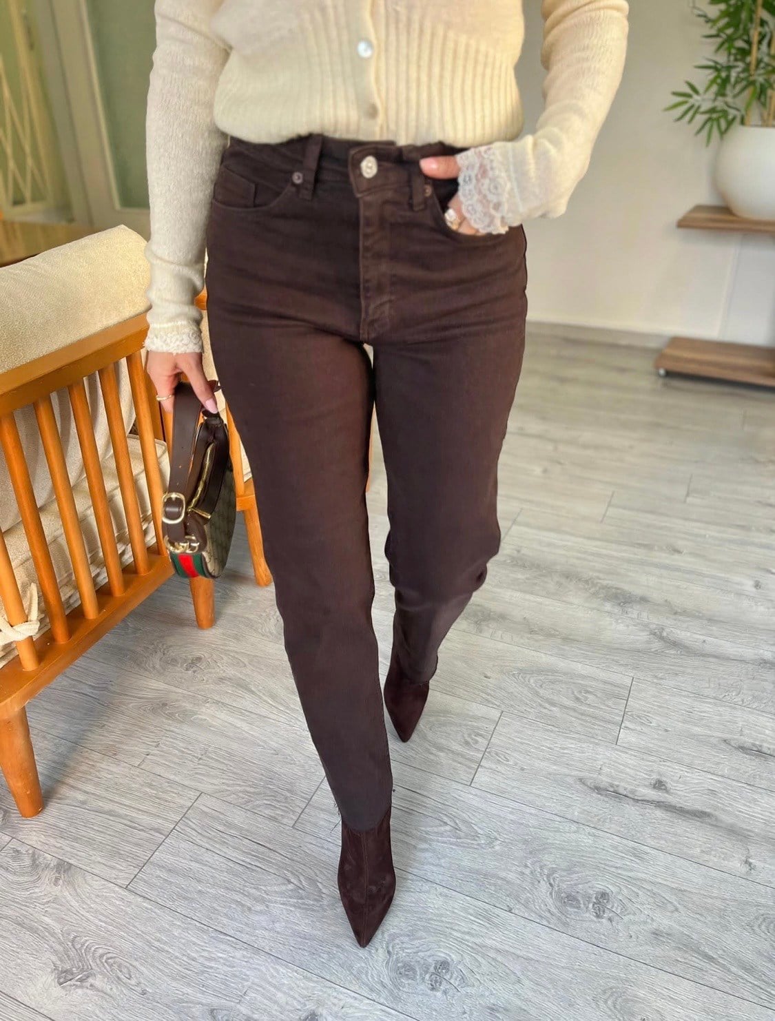 Kahve Yüksek Bel Boyfit Jean