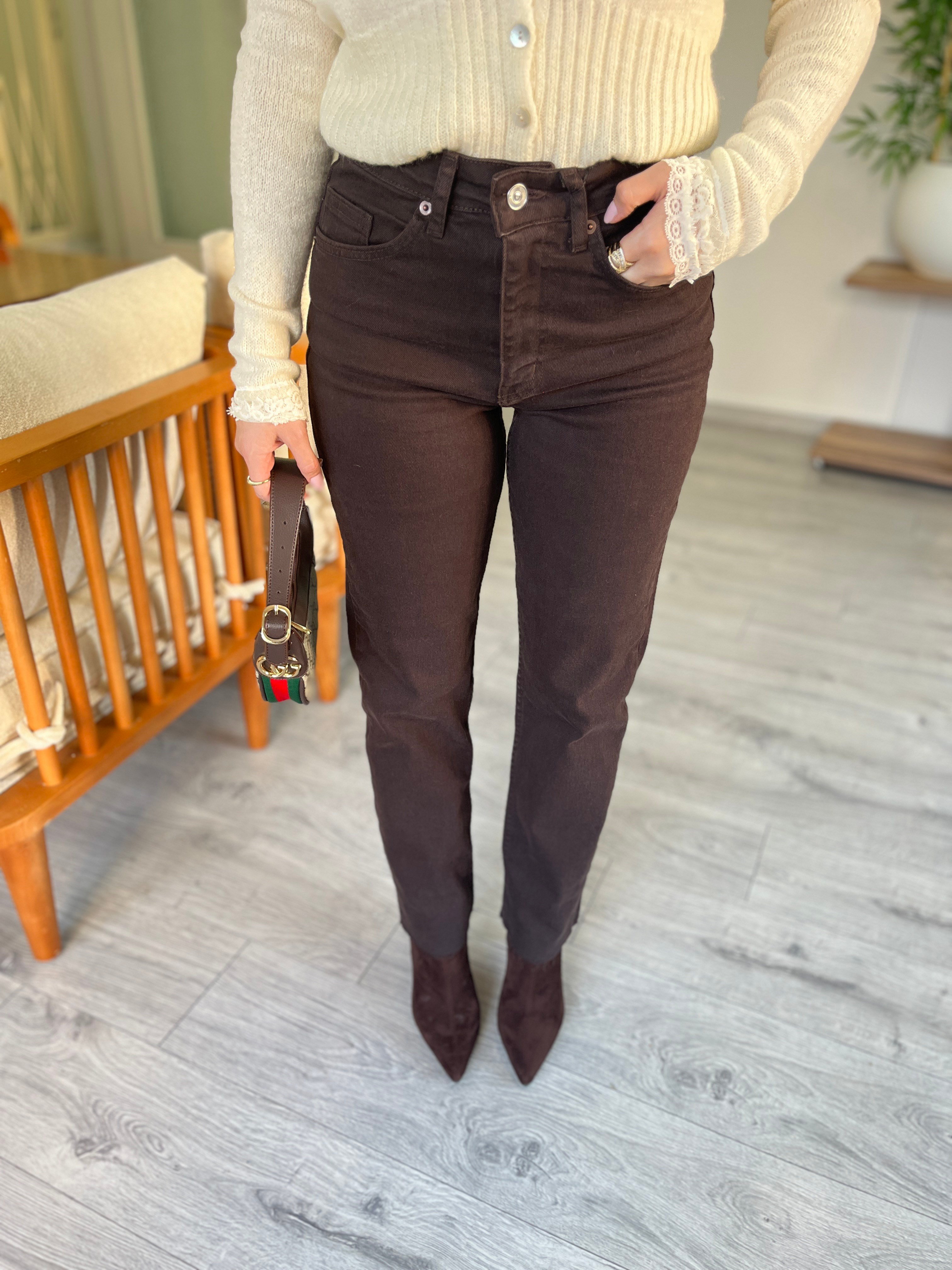 Kahve Yüksek Bel Boyfit Jean