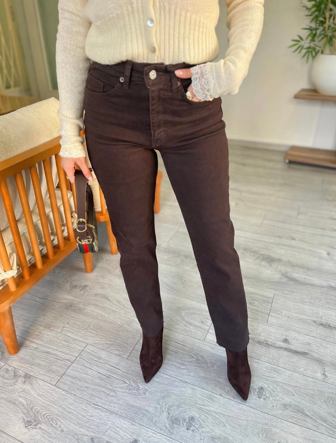 Kahve Yüksek Bel Boyfit Jean