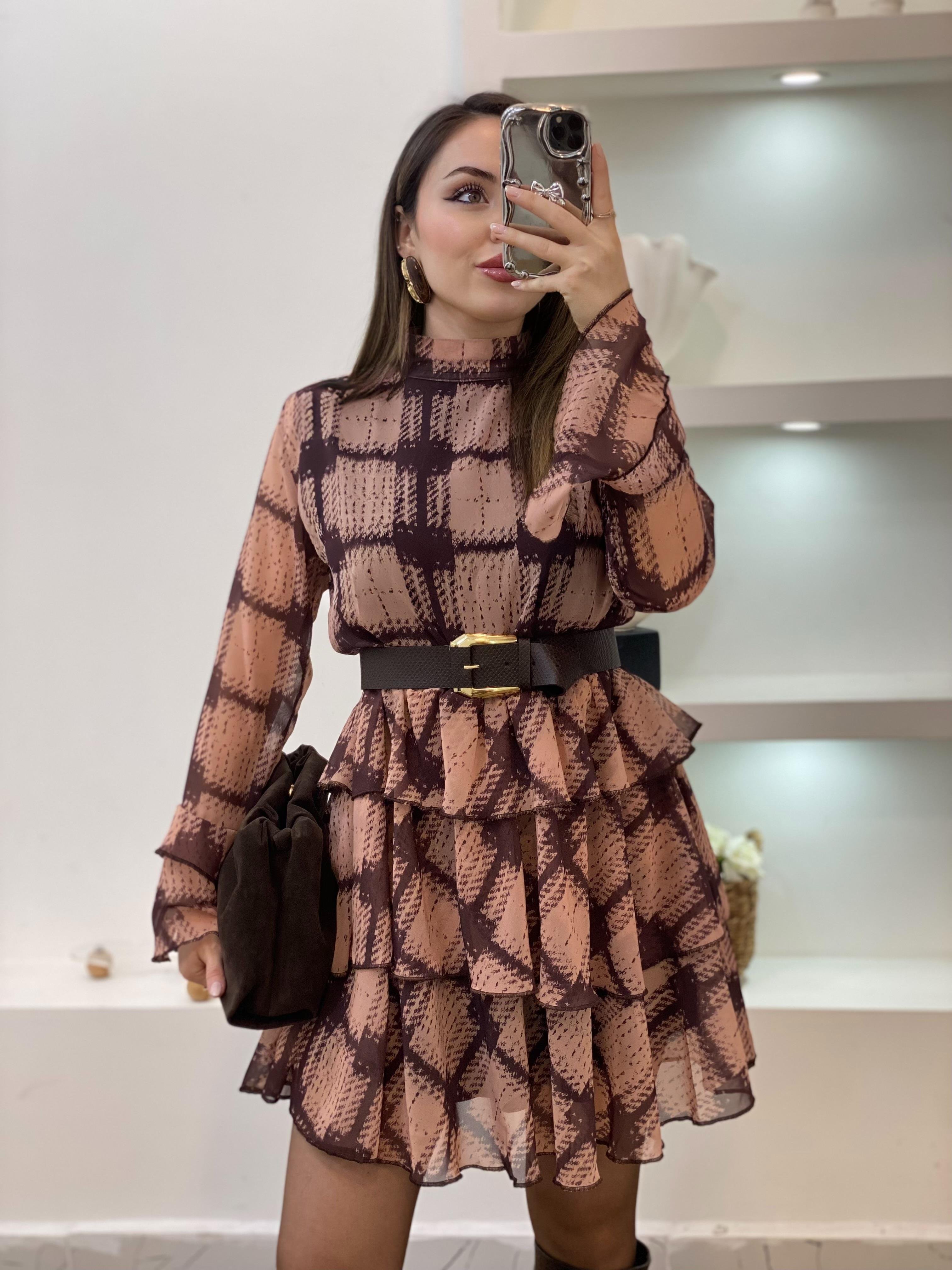 Kemerli Volanlı Model Şifon Elbise