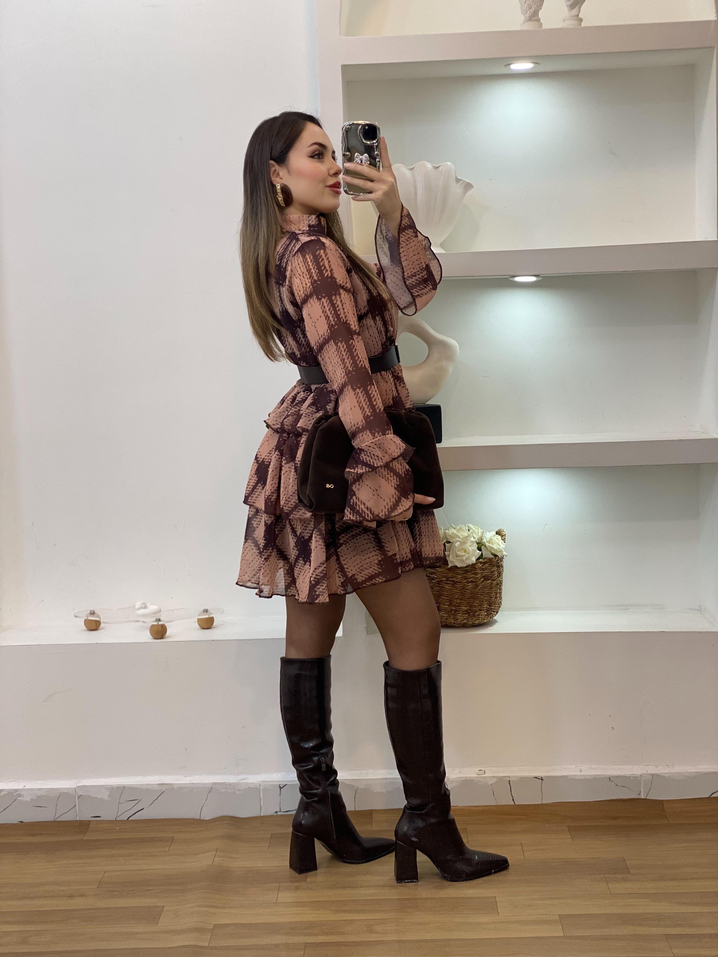 Kemerli Volanlı Model Şifon Elbise