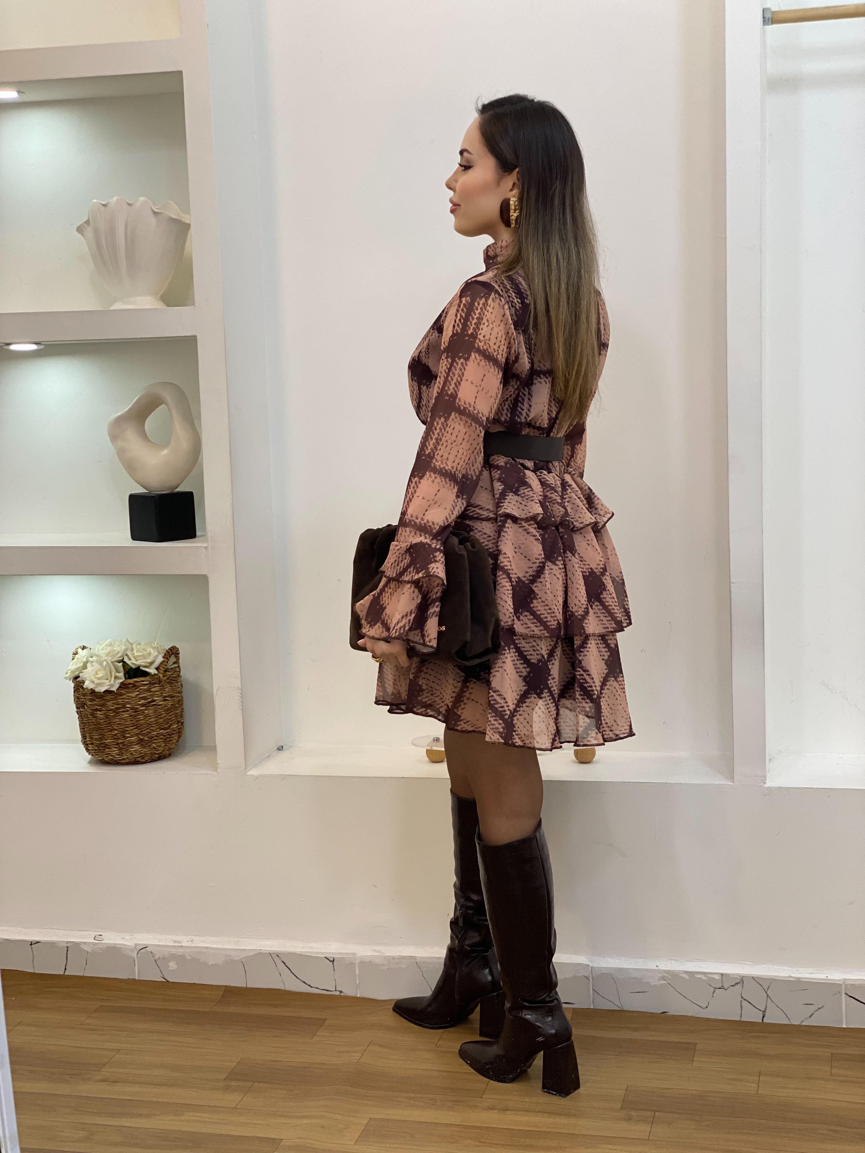 Kemerli Volanlı Model Şifon Elbise
