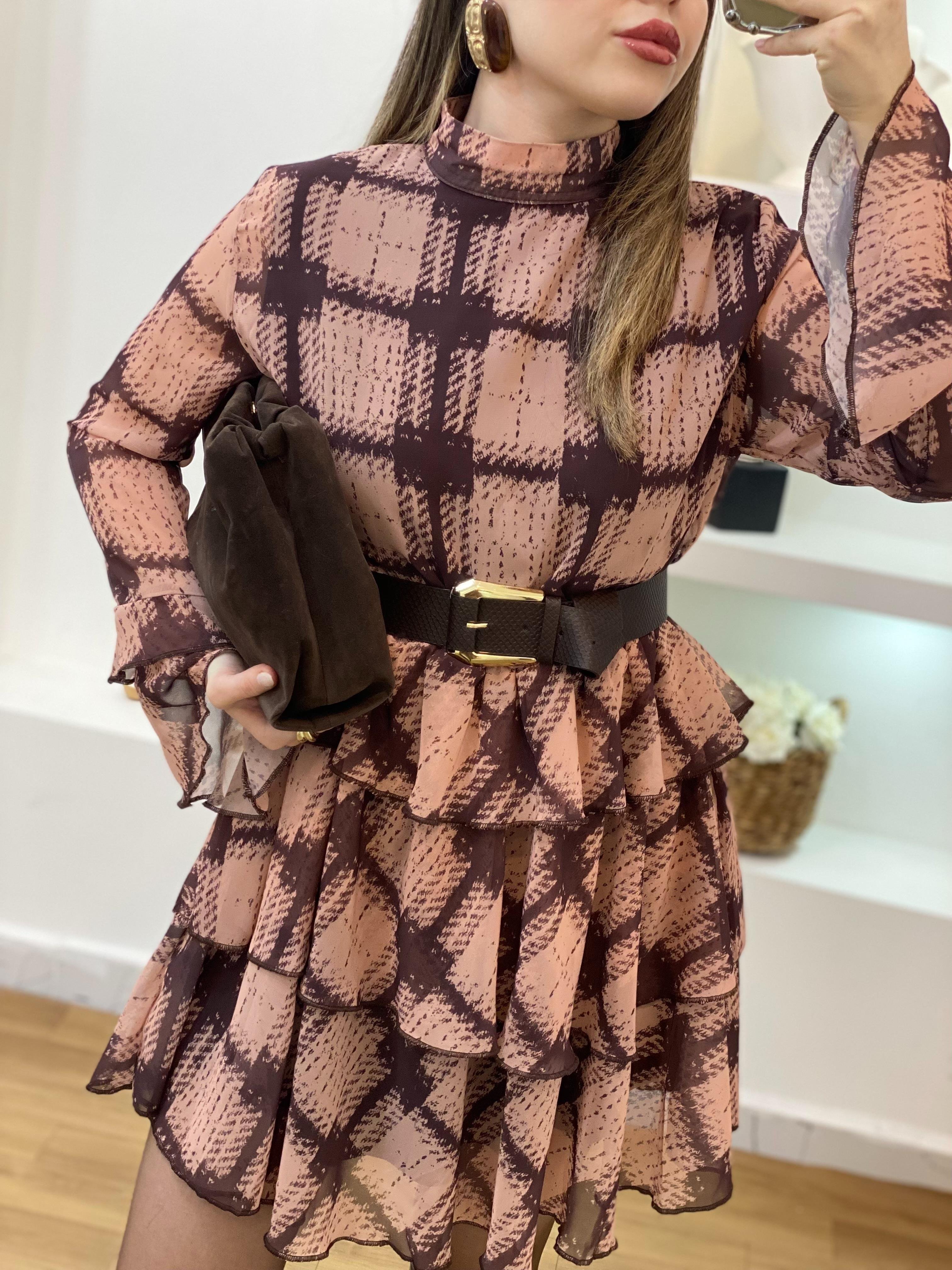 Kemerli Volanlı Model Şifon Elbise