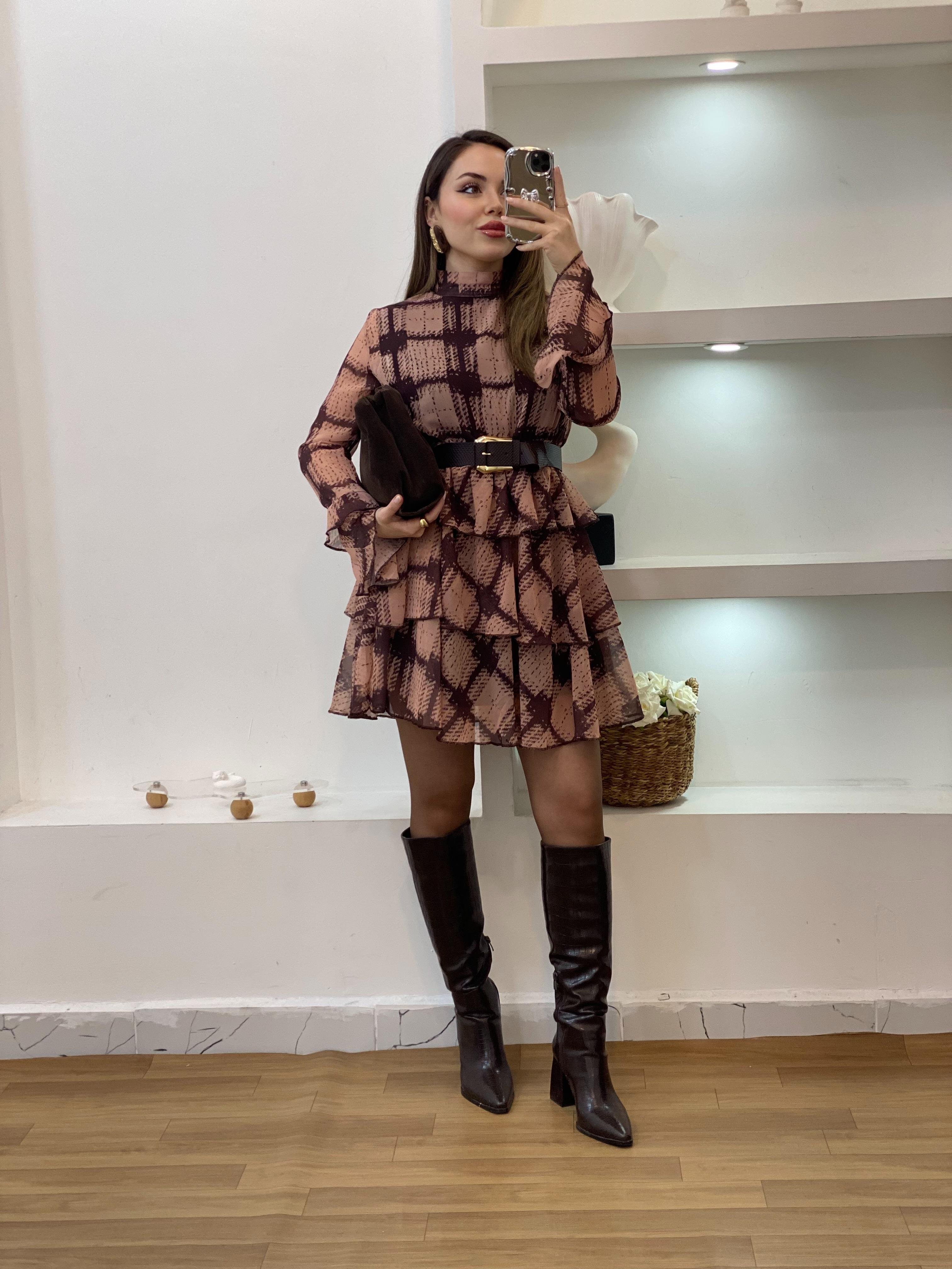 Kemerli Volanlı Model Şifon Elbise