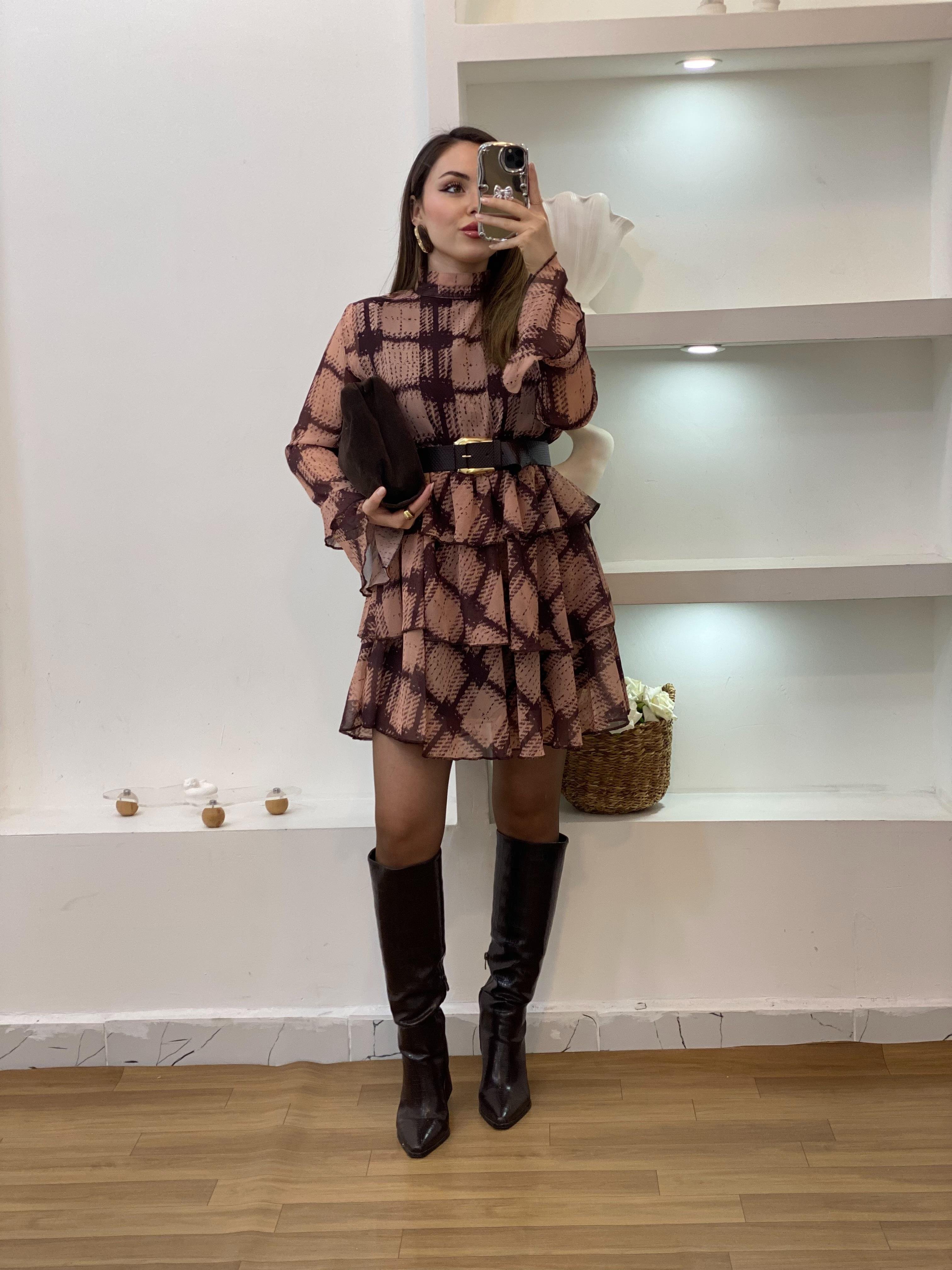 Kemerli Volanlı Model Şifon Elbise