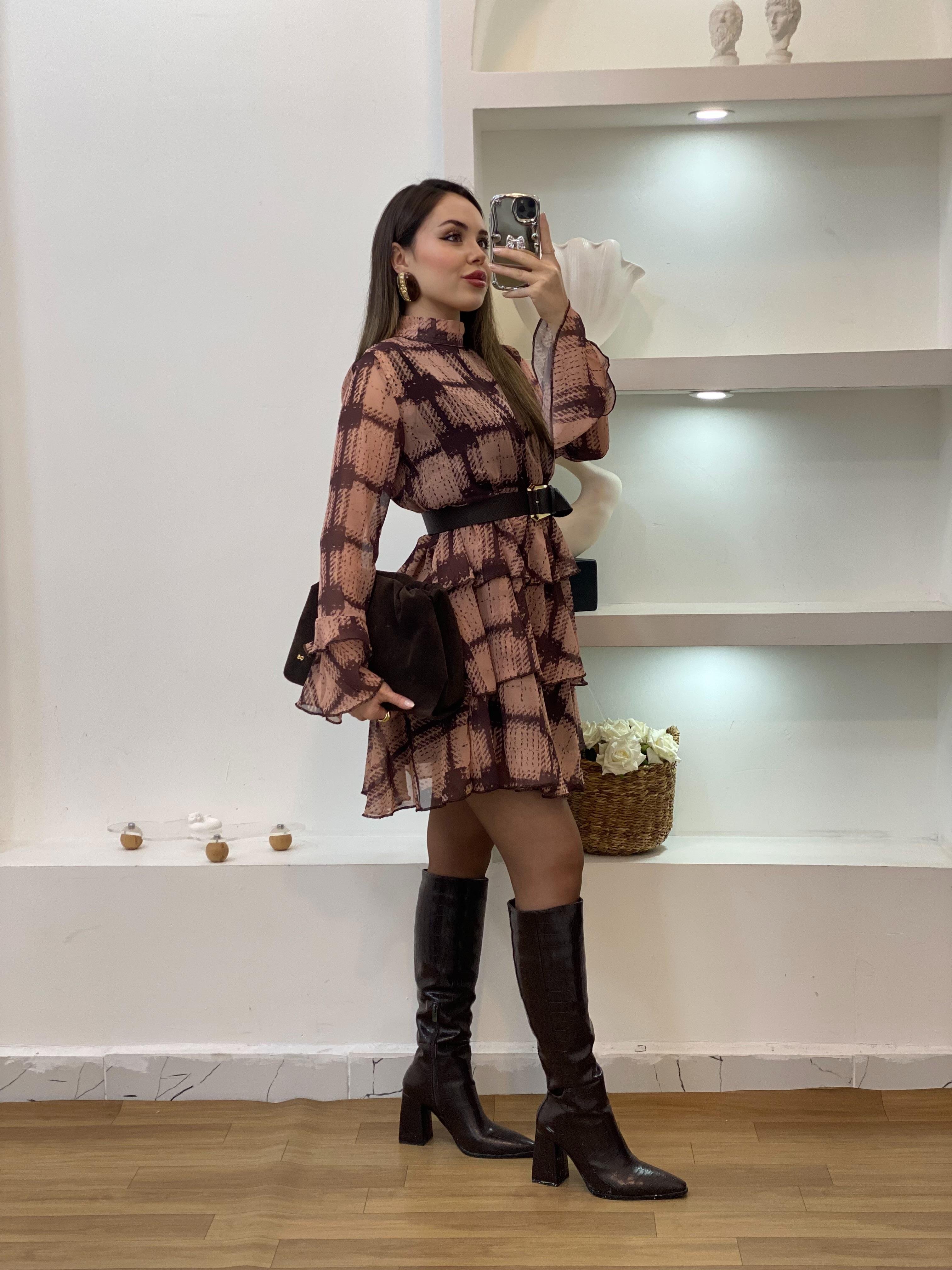 Kemerli Volanlı Model Şifon Elbise