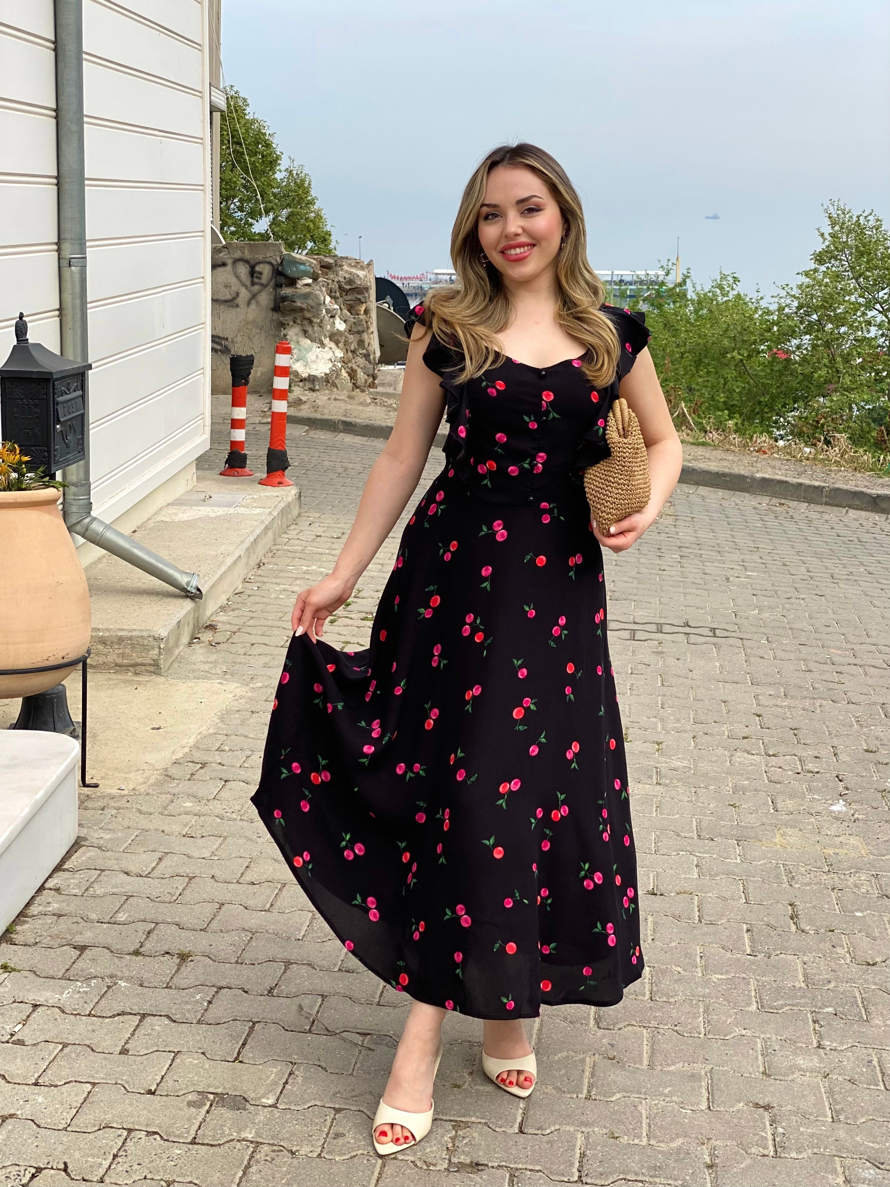 Kiraz Desen Kolları Volanlı Elbise