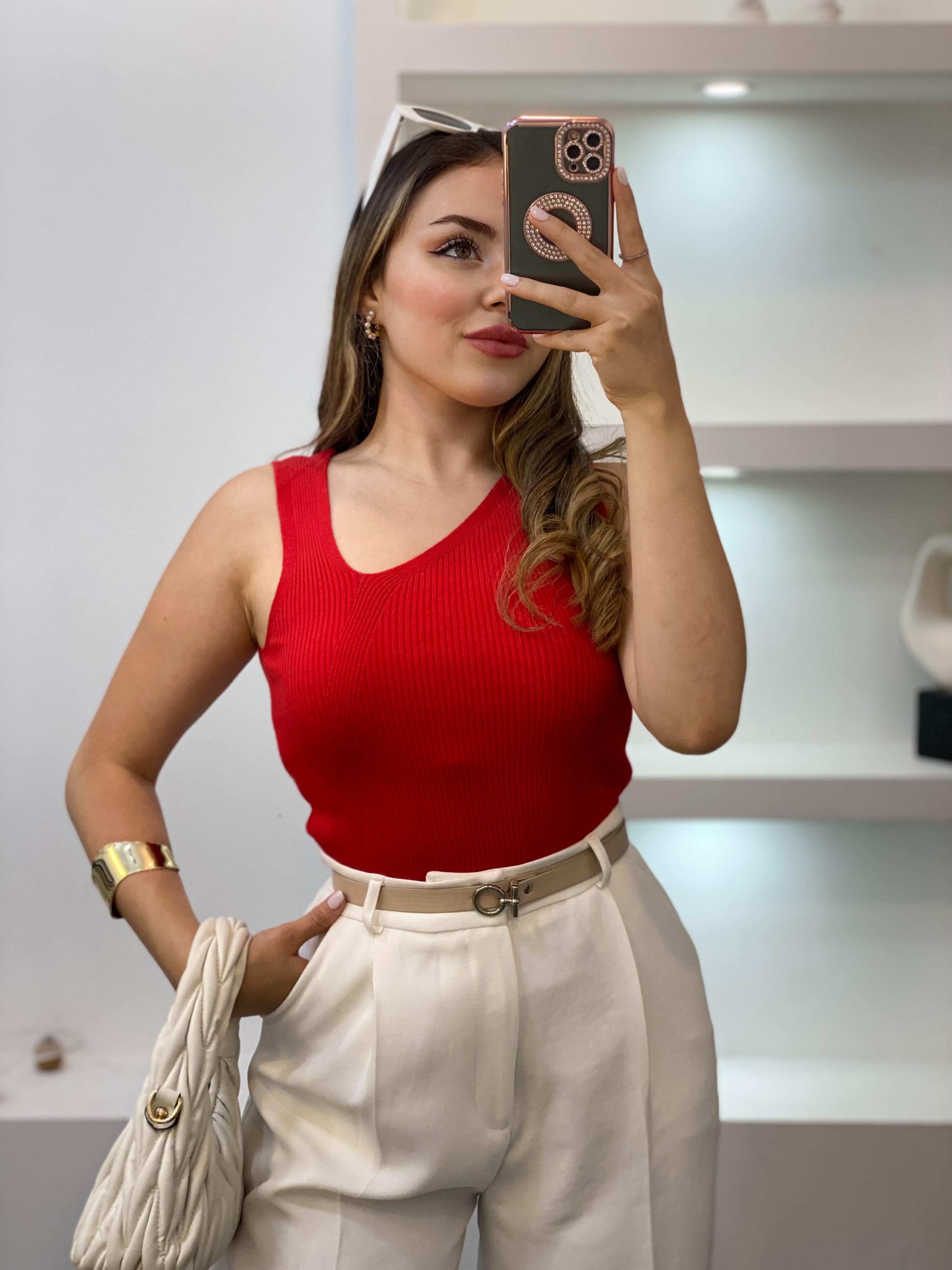 Kırmızı Asimetrik Yaka Triko Bluz