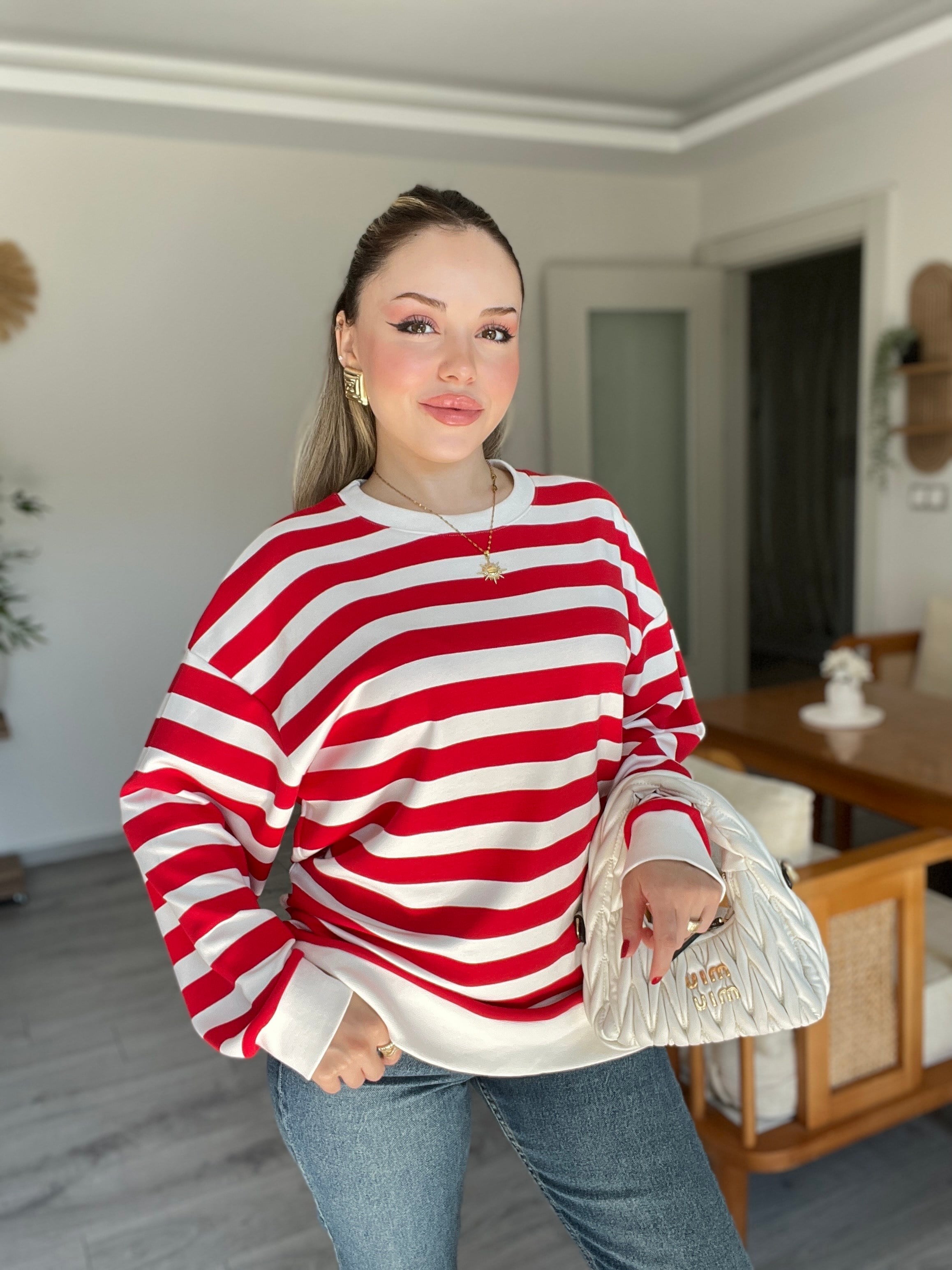 Kırmızı Beyaz Çizgili Oversize Modal Sweatshirt 