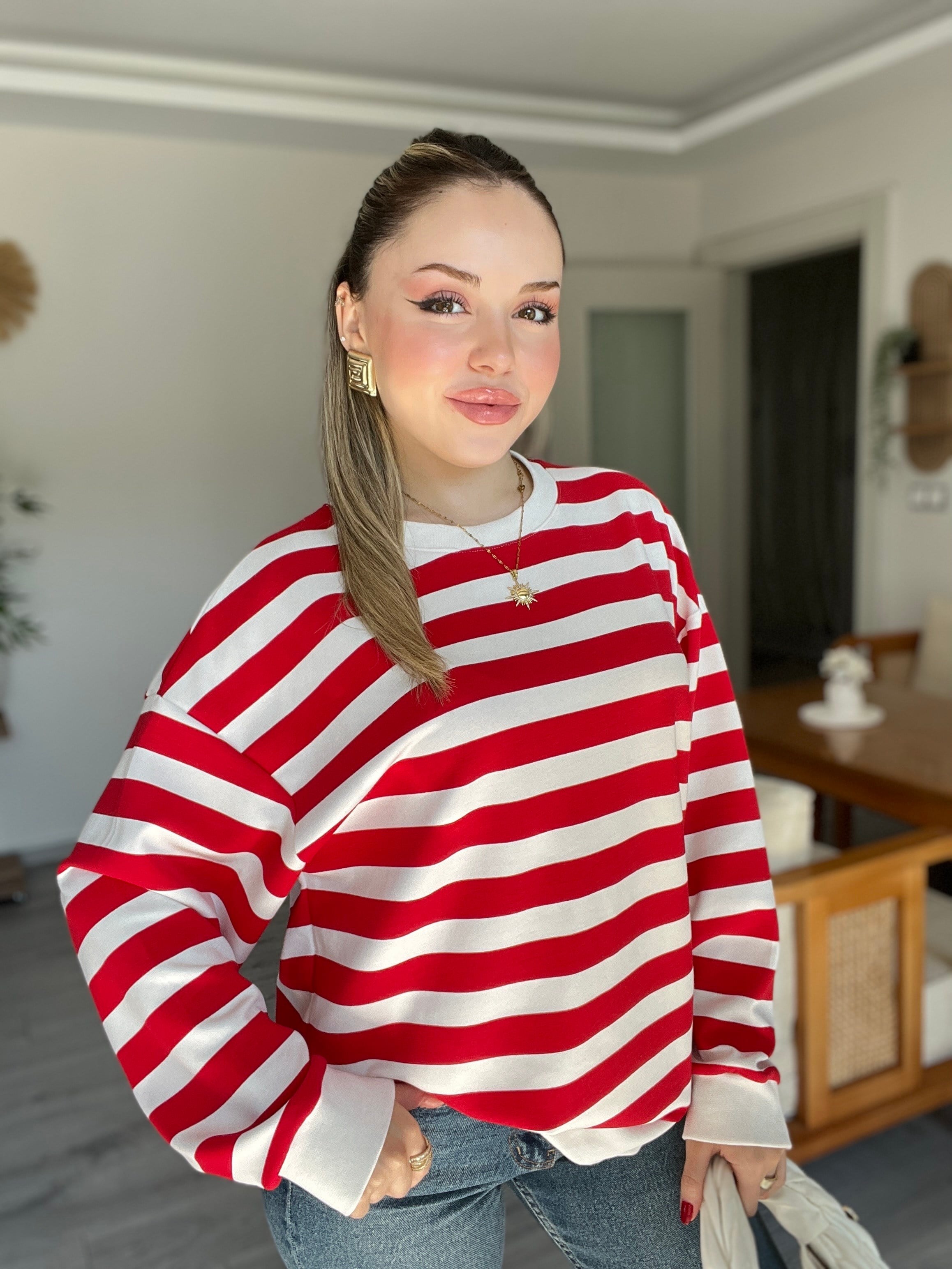 Kırmızı Beyaz Çizgili Oversize Modal Sweatshirt 