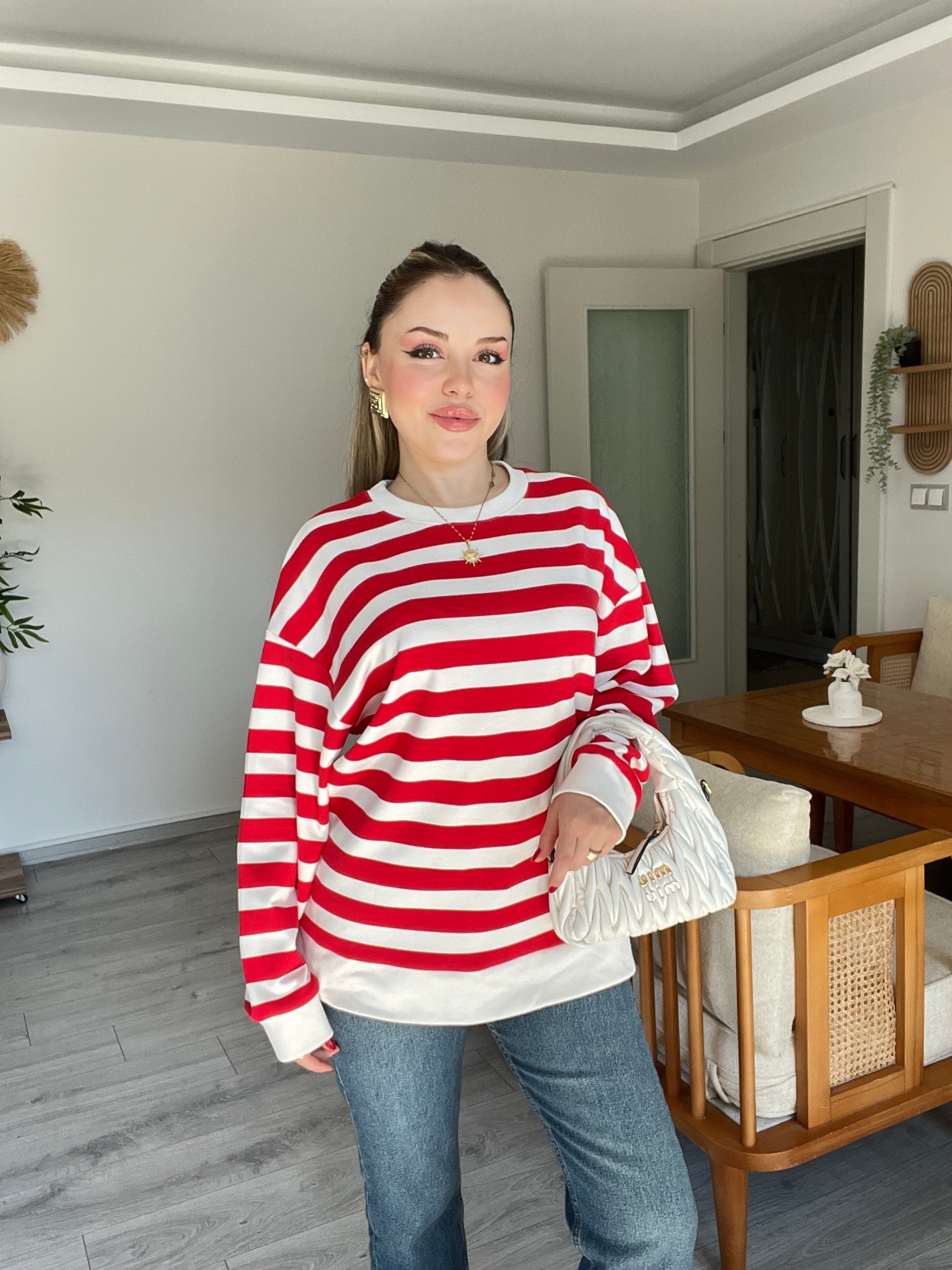 Kırmızı Beyaz Çizgili Oversize Modal Sweatshirt 