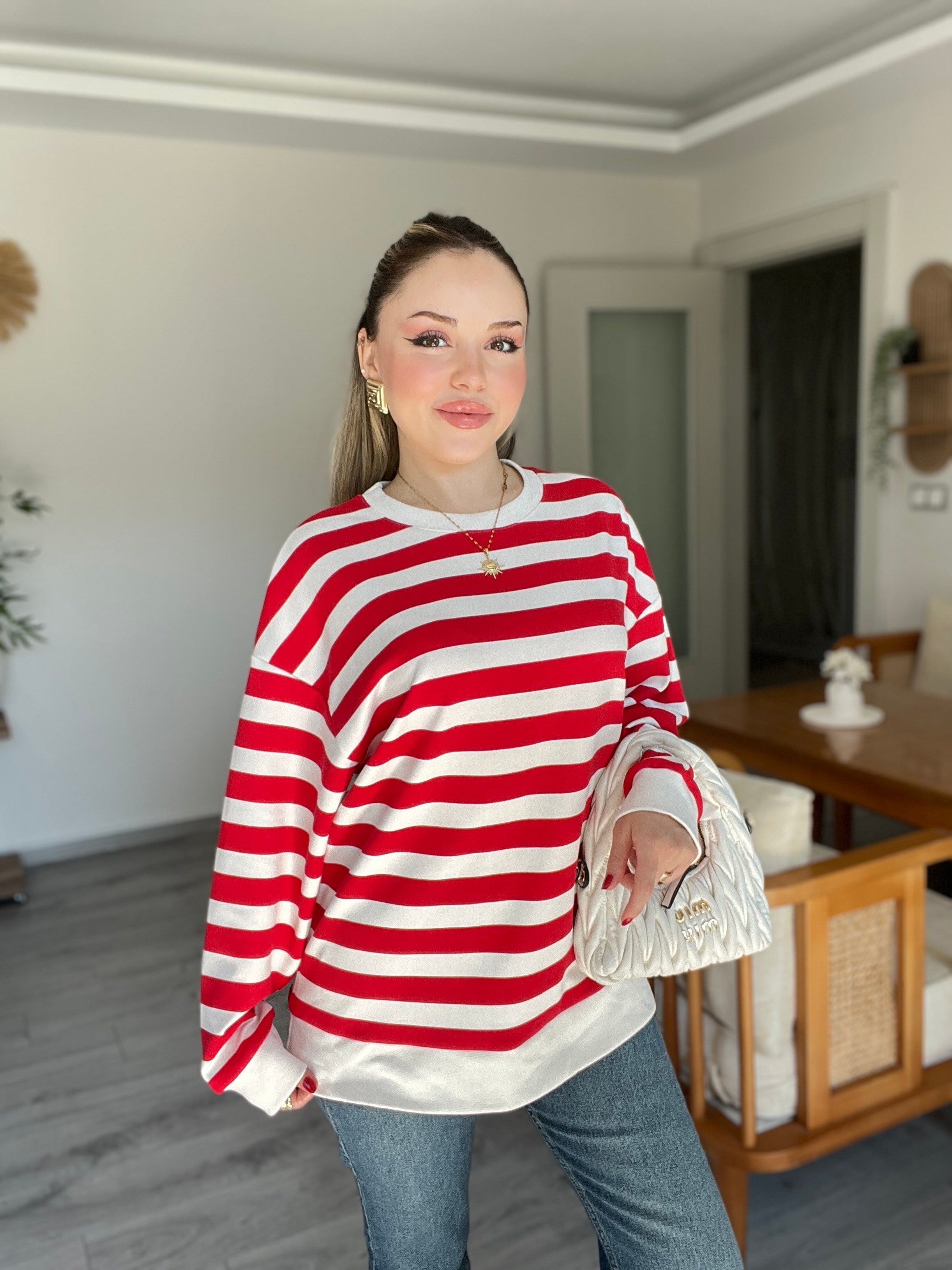 Kırmızı Beyaz Çizgili Oversize Modal Sweatshirt 