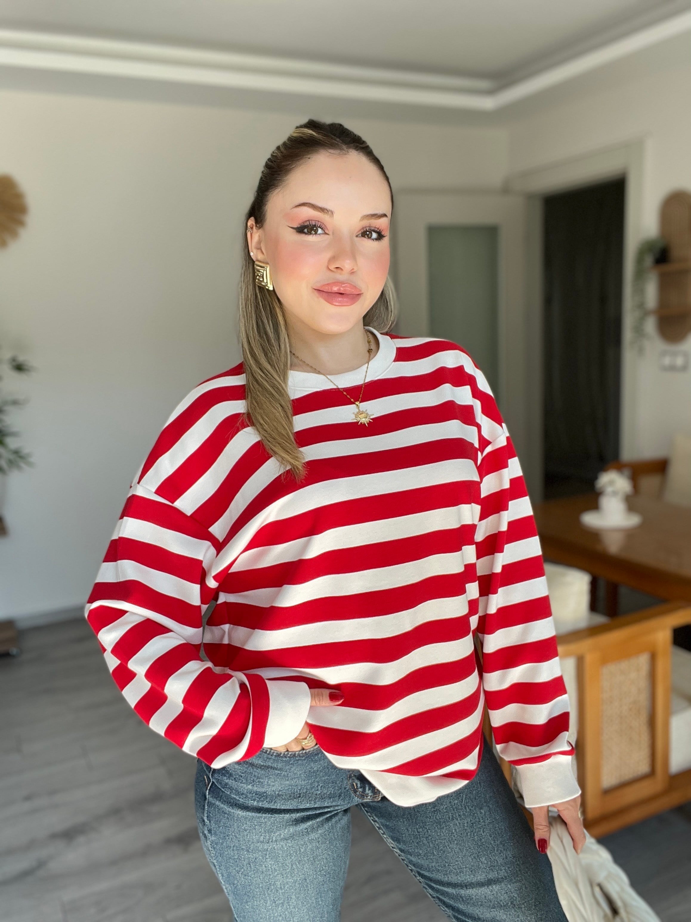 Kırmızı Beyaz Çizgili Oversize Modal Sweatshirt 