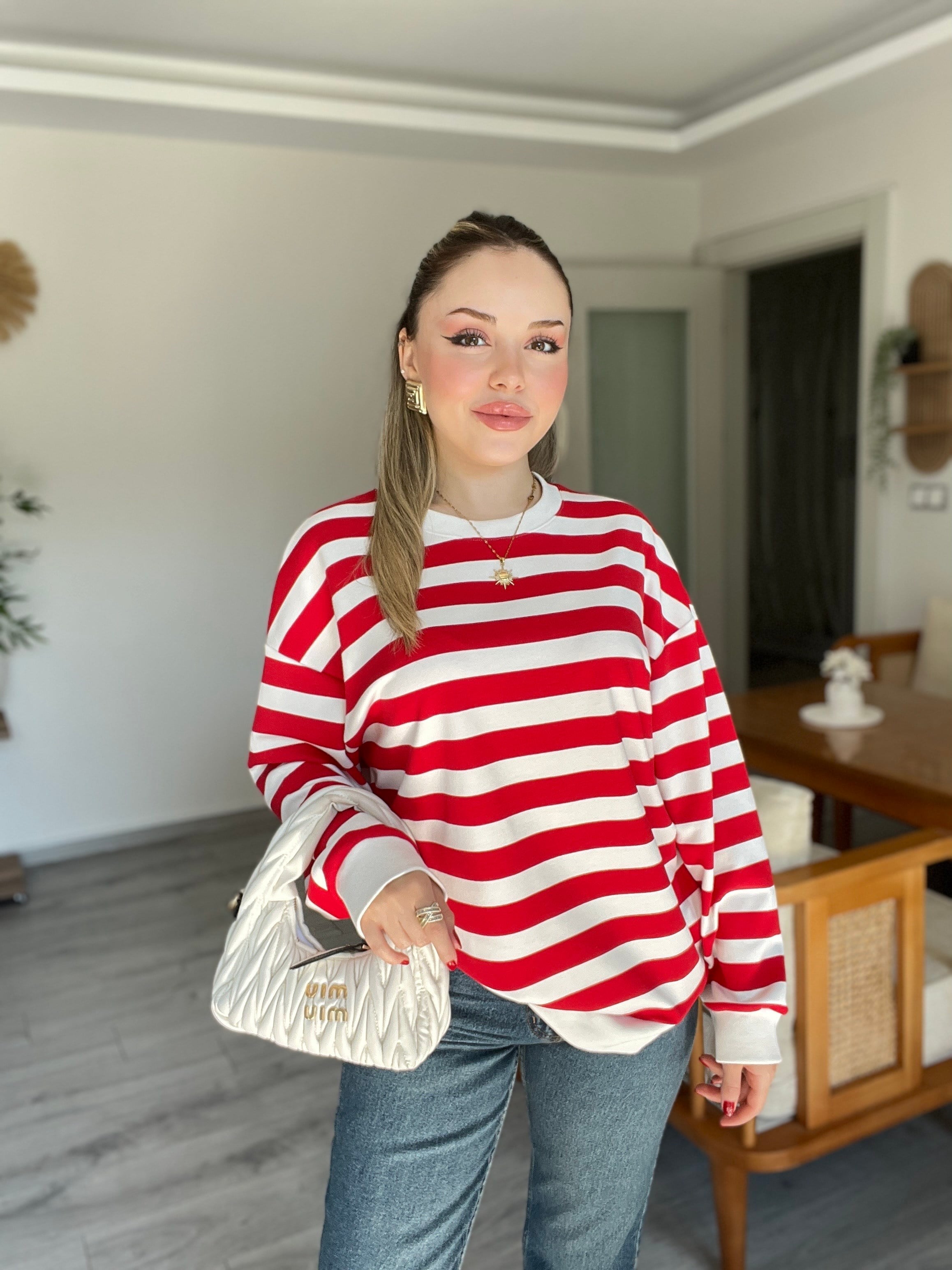 Kırmızı Beyaz Çizgili Oversize Modal Sweatshirt 