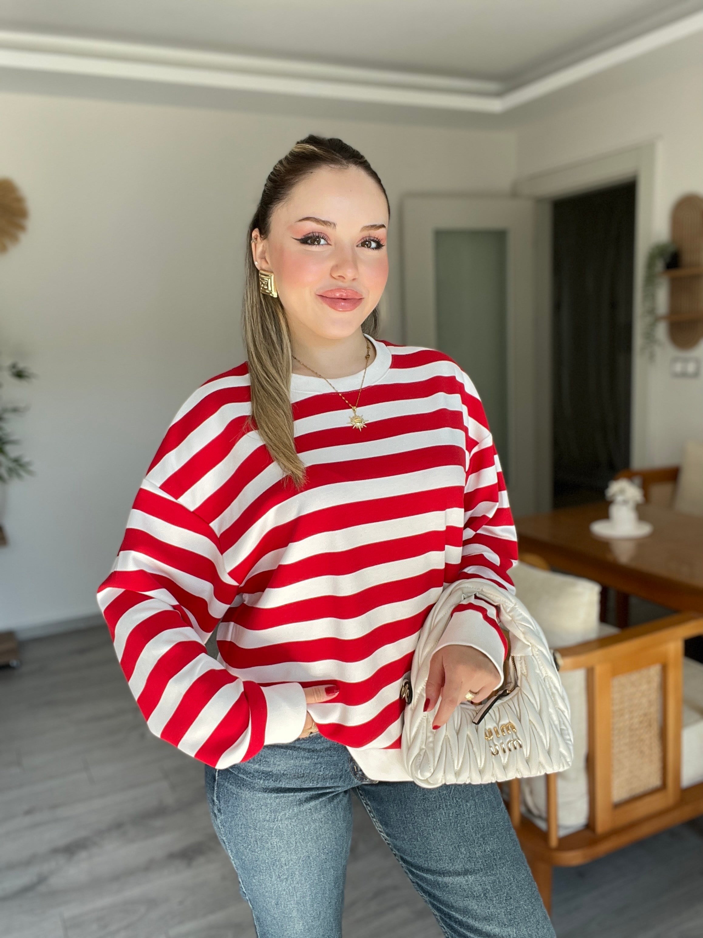 Kırmızı Beyaz Çizgili Oversize Modal Sweatshirt 