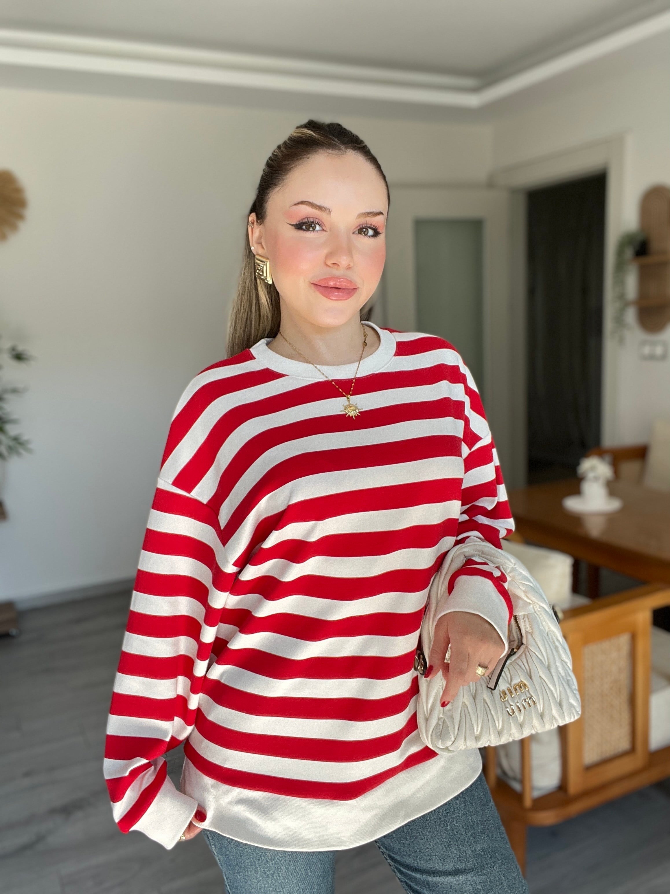 Kırmızı Beyaz Çizgili Oversize Modal Sweatshirt 