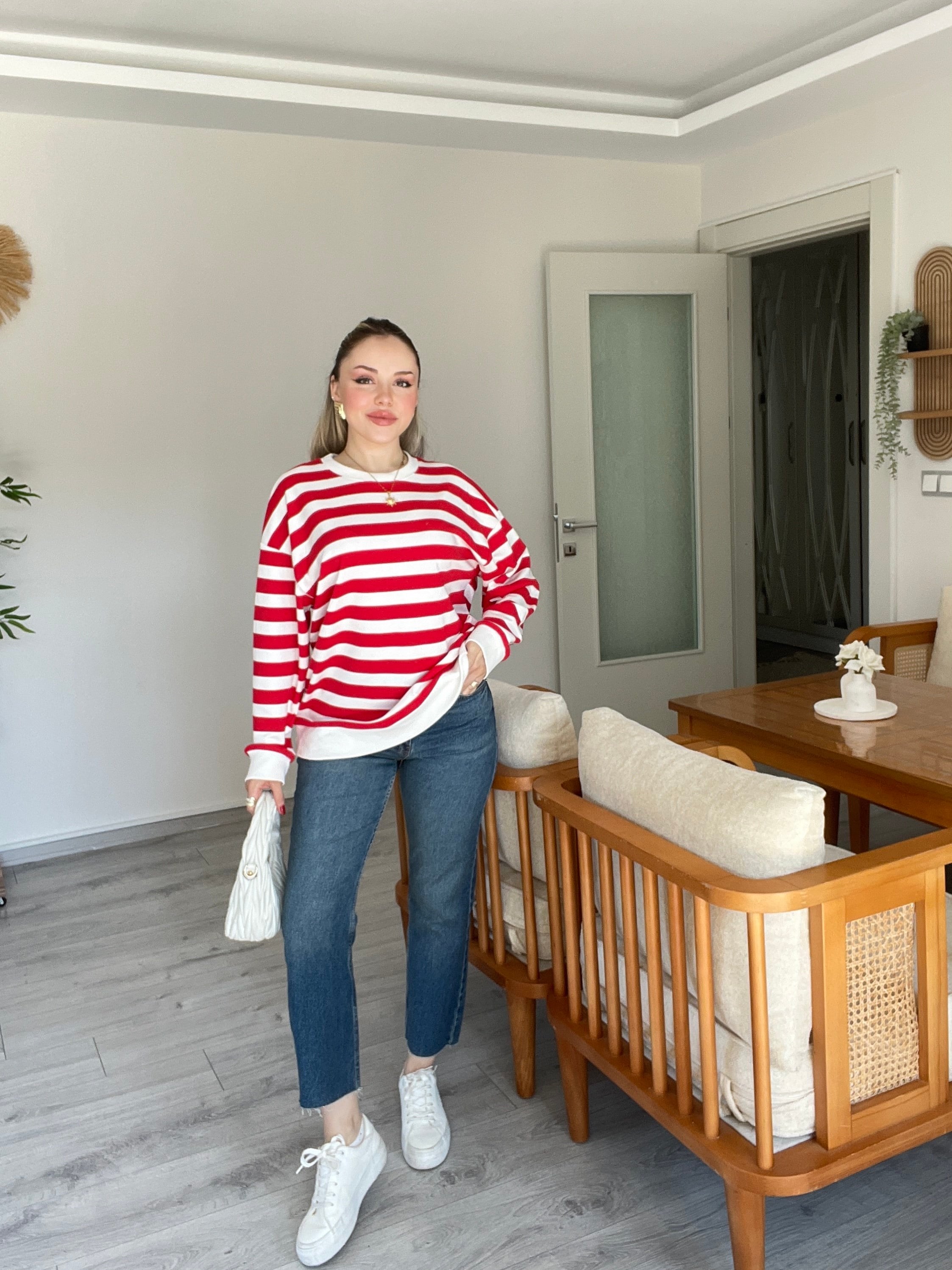 Kırmızı Beyaz Çizgili Oversize Modal Sweatshirt 