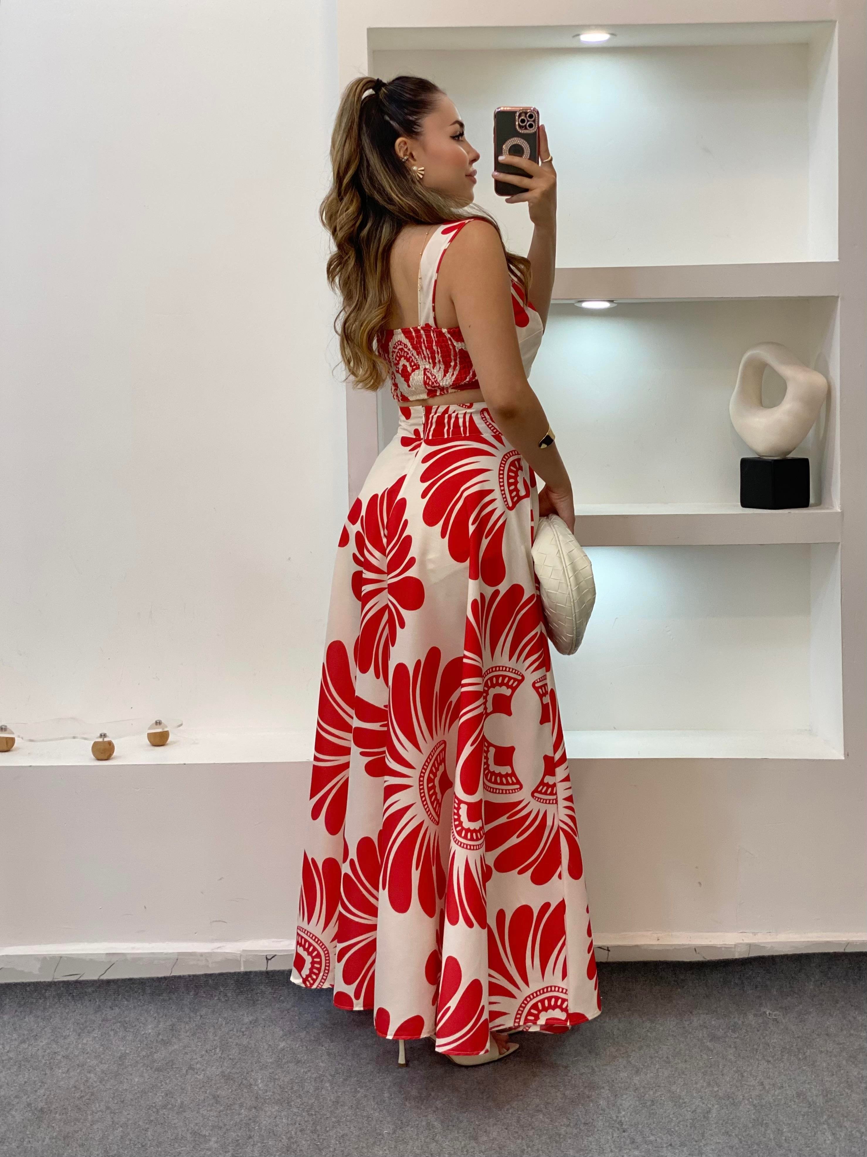 Kırmızı Desenli Premium Kalite Crop Bluz Etek Takım