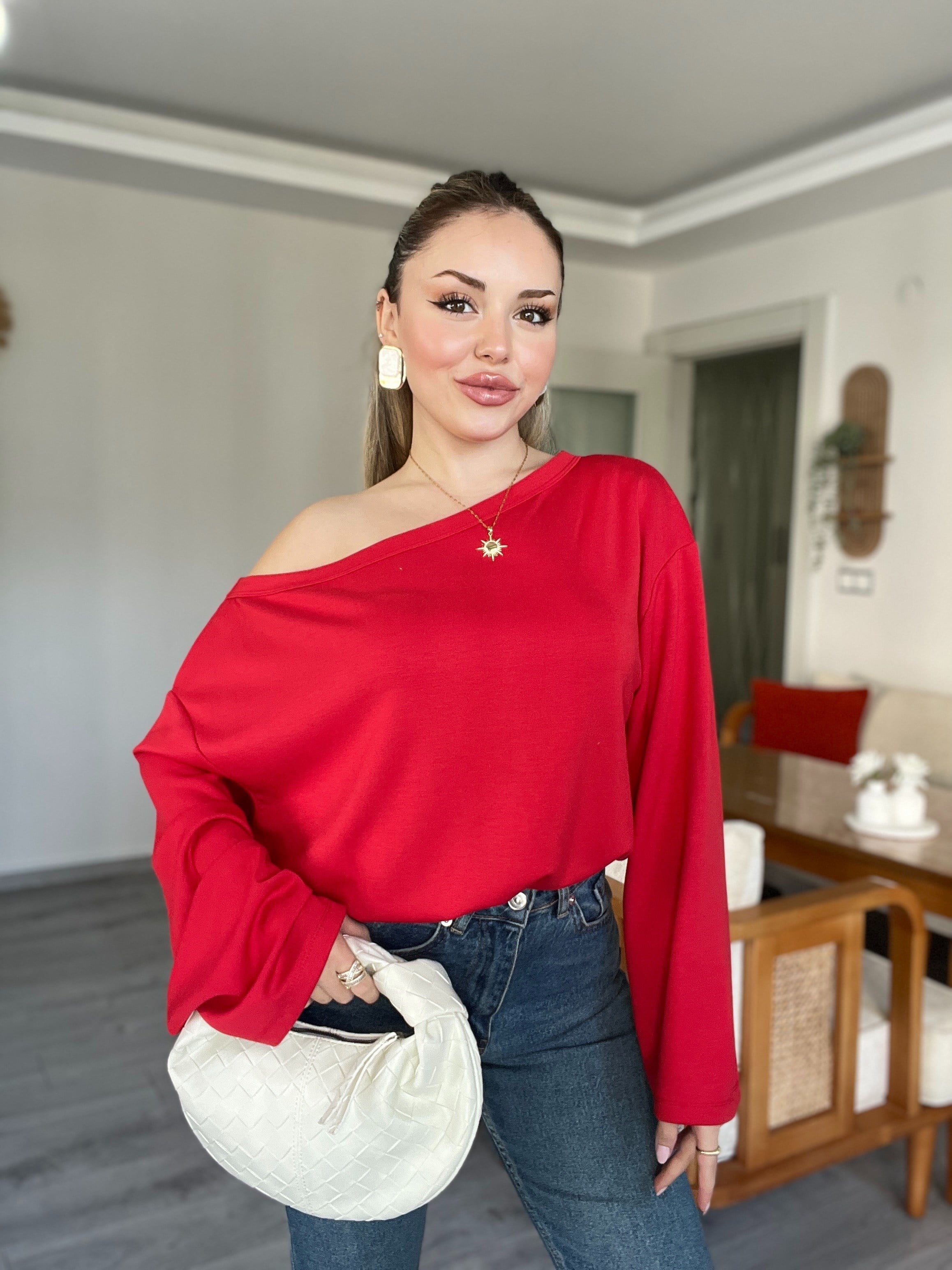 Kırmızı Düşük Omuz Oversize Modal Bluz