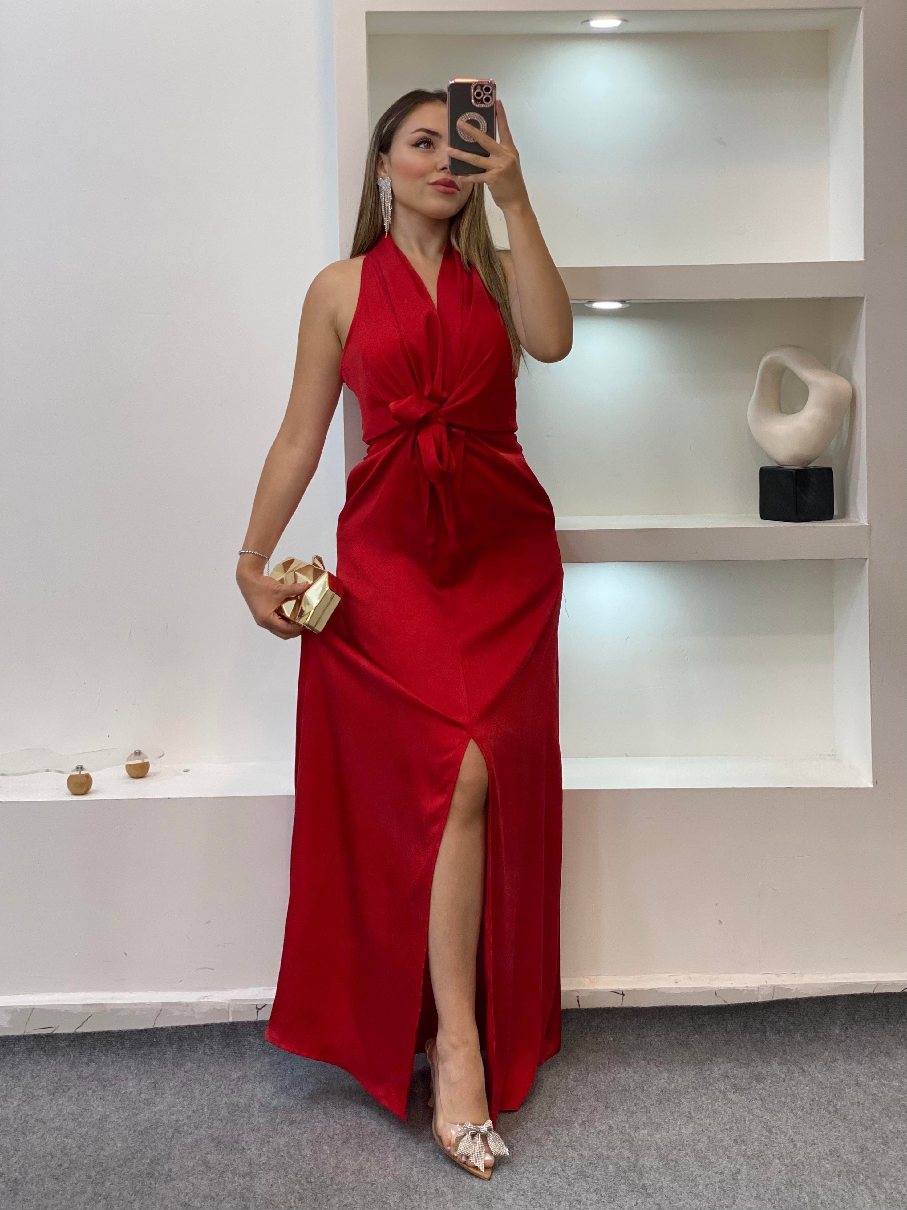Kırmızı Maxi Boy Önü Bağlamalı Model Elbise