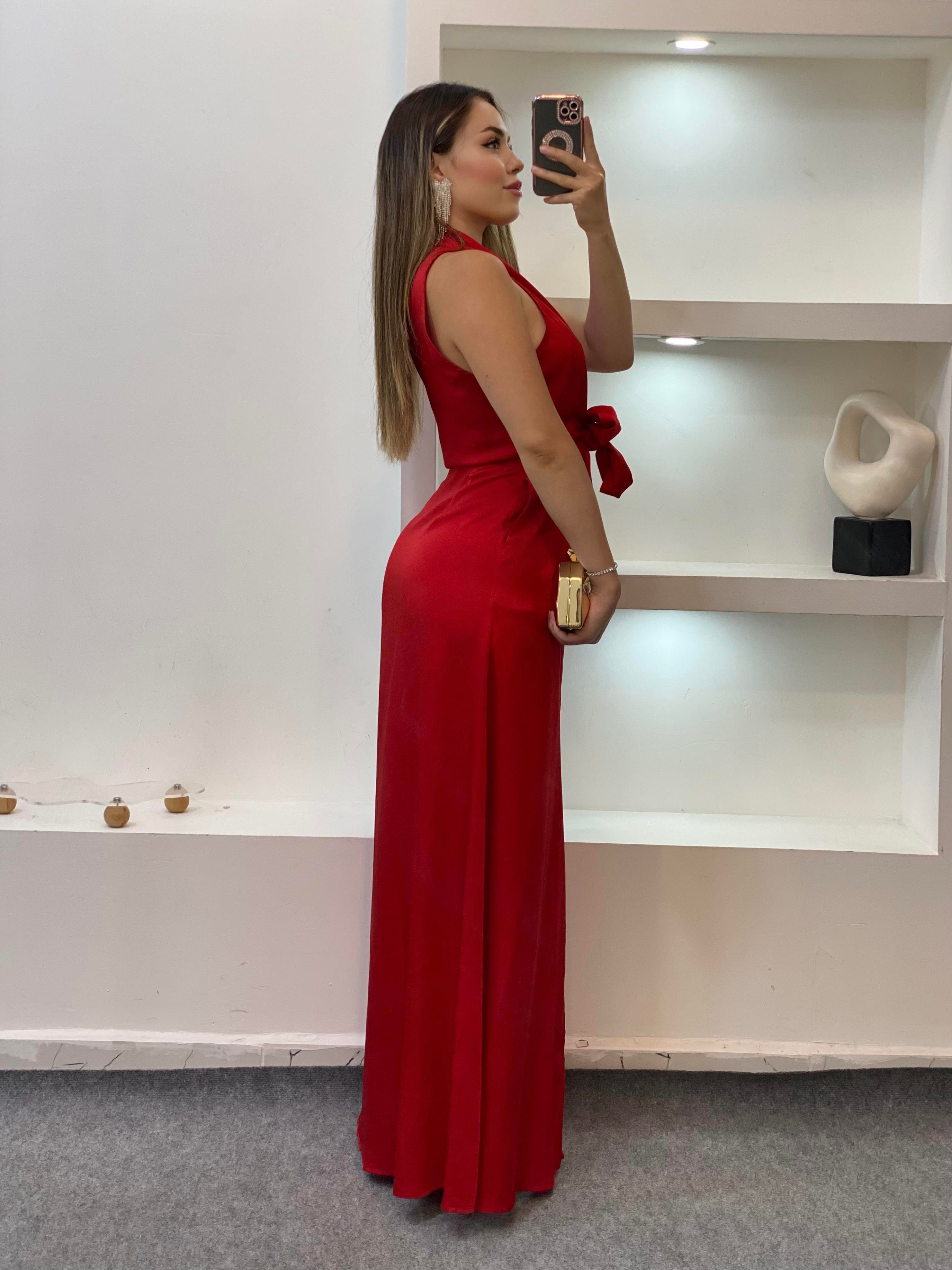Kırmızı Maxi Boy Önü Bağlamalı Model Elbise