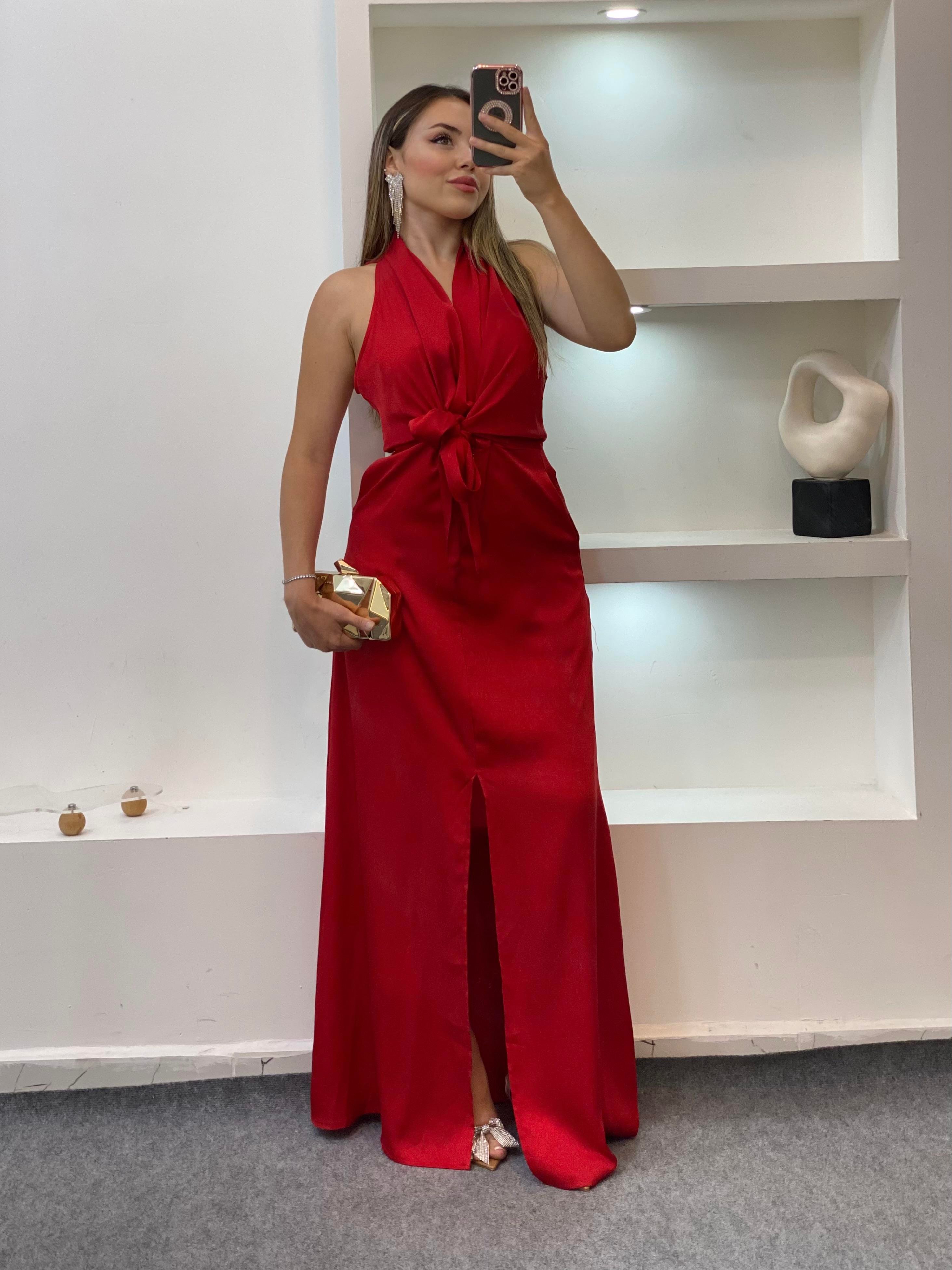 Kırmızı Maxi Boy Önü Bağlamalı Model Elbise