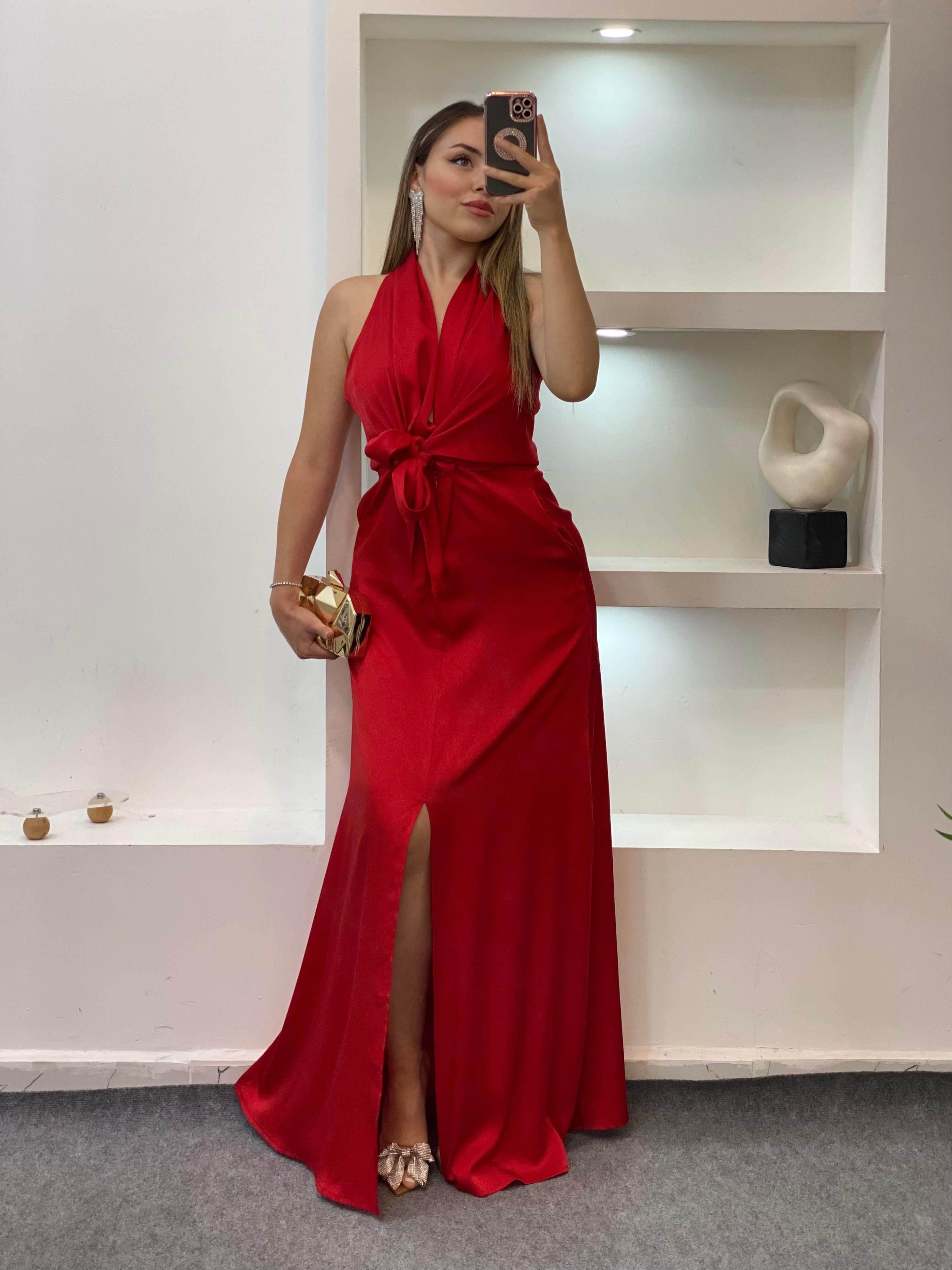 Kırmızı Maxi Boy Önü Bağlamalı Model Elbise