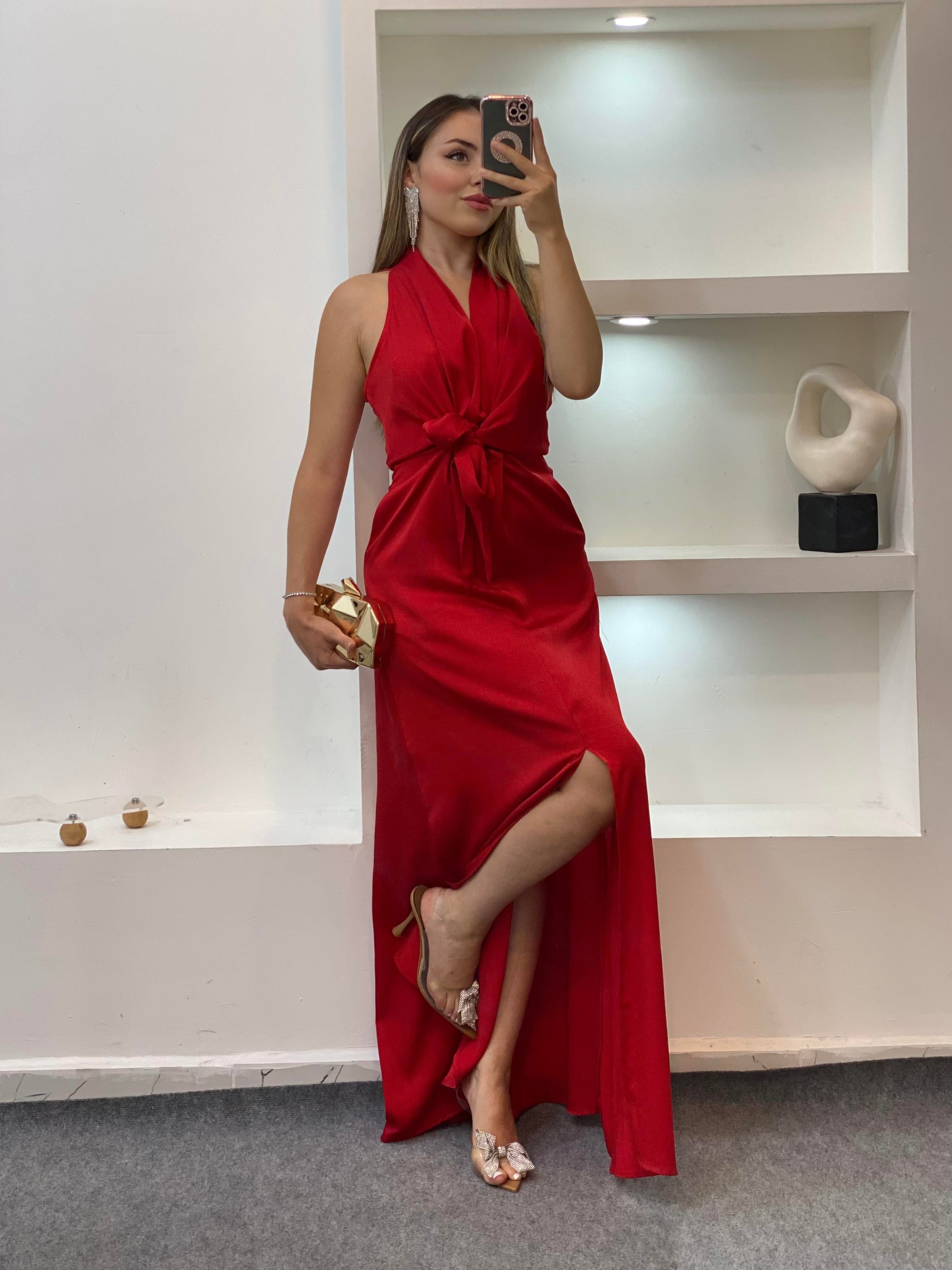 Kırmızı Maxi Boy Önü Bağlamalı Model Elbise