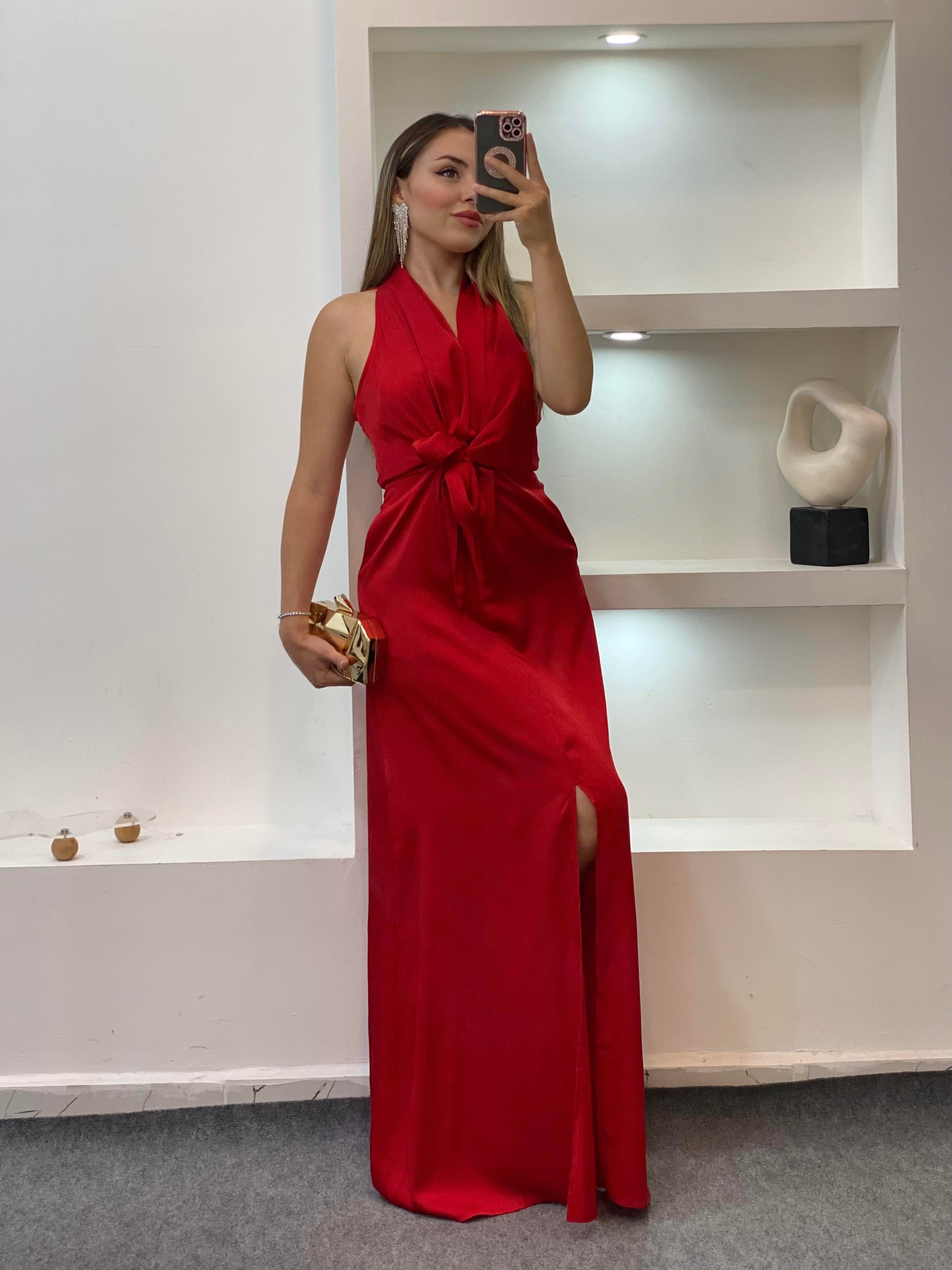 Kırmızı Maxi Boy Önü Bağlamalı Model Elbise