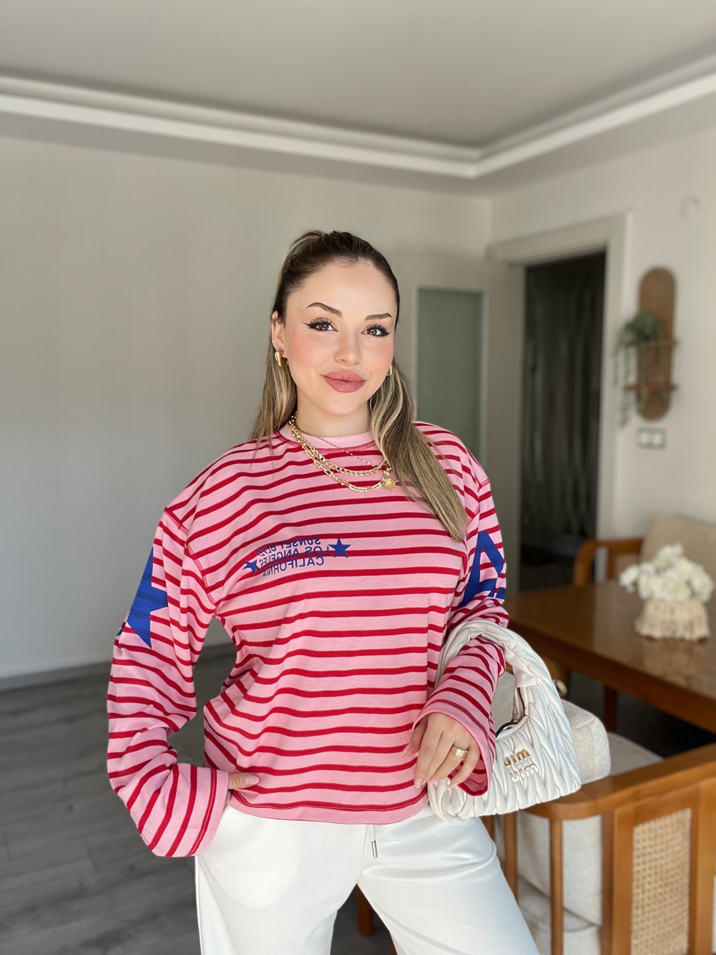 Kırmızı Pembe Çizgili Desenli Basic