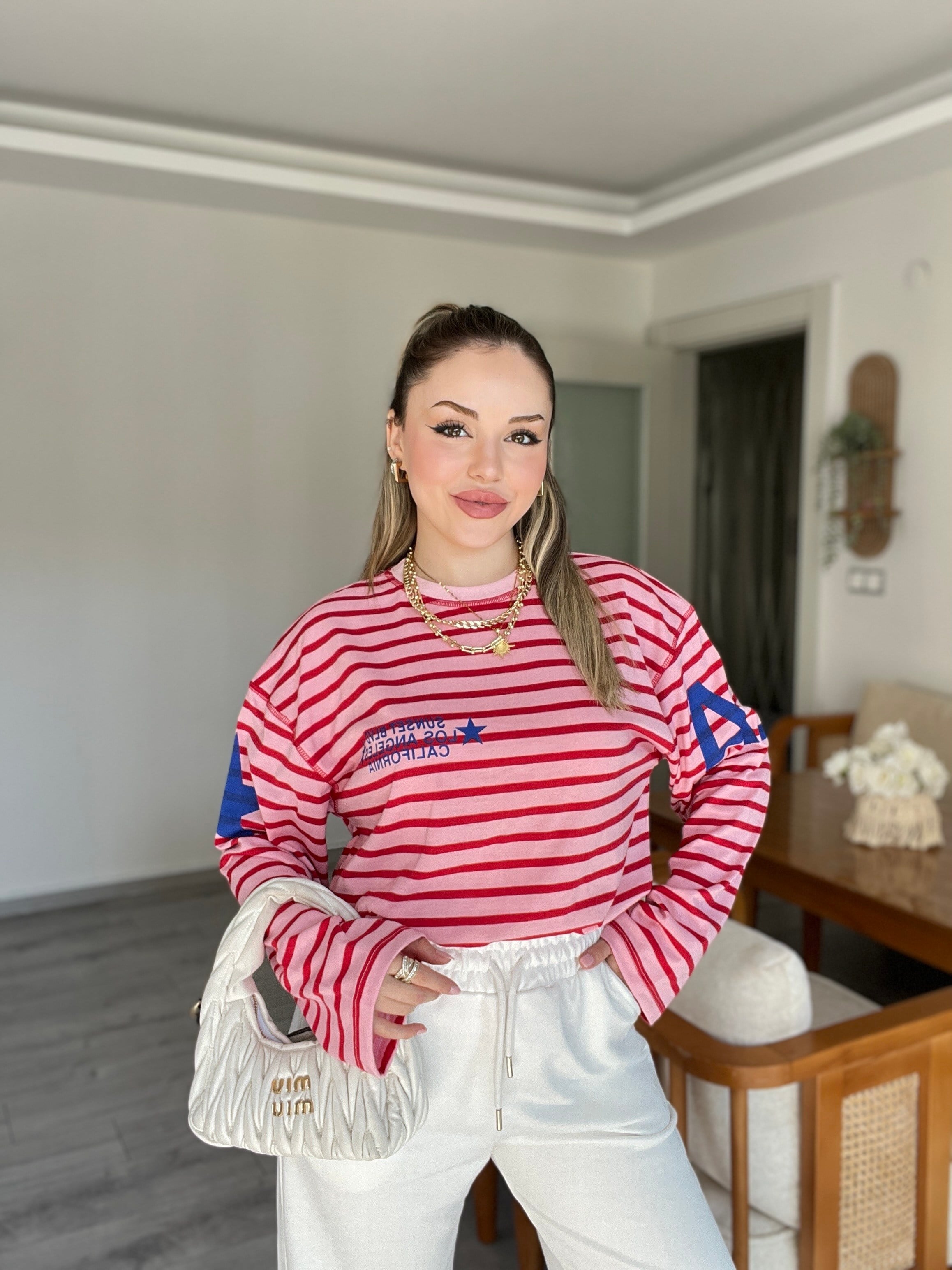 Kırmızı Pembe Çizgili Desenli Basic
