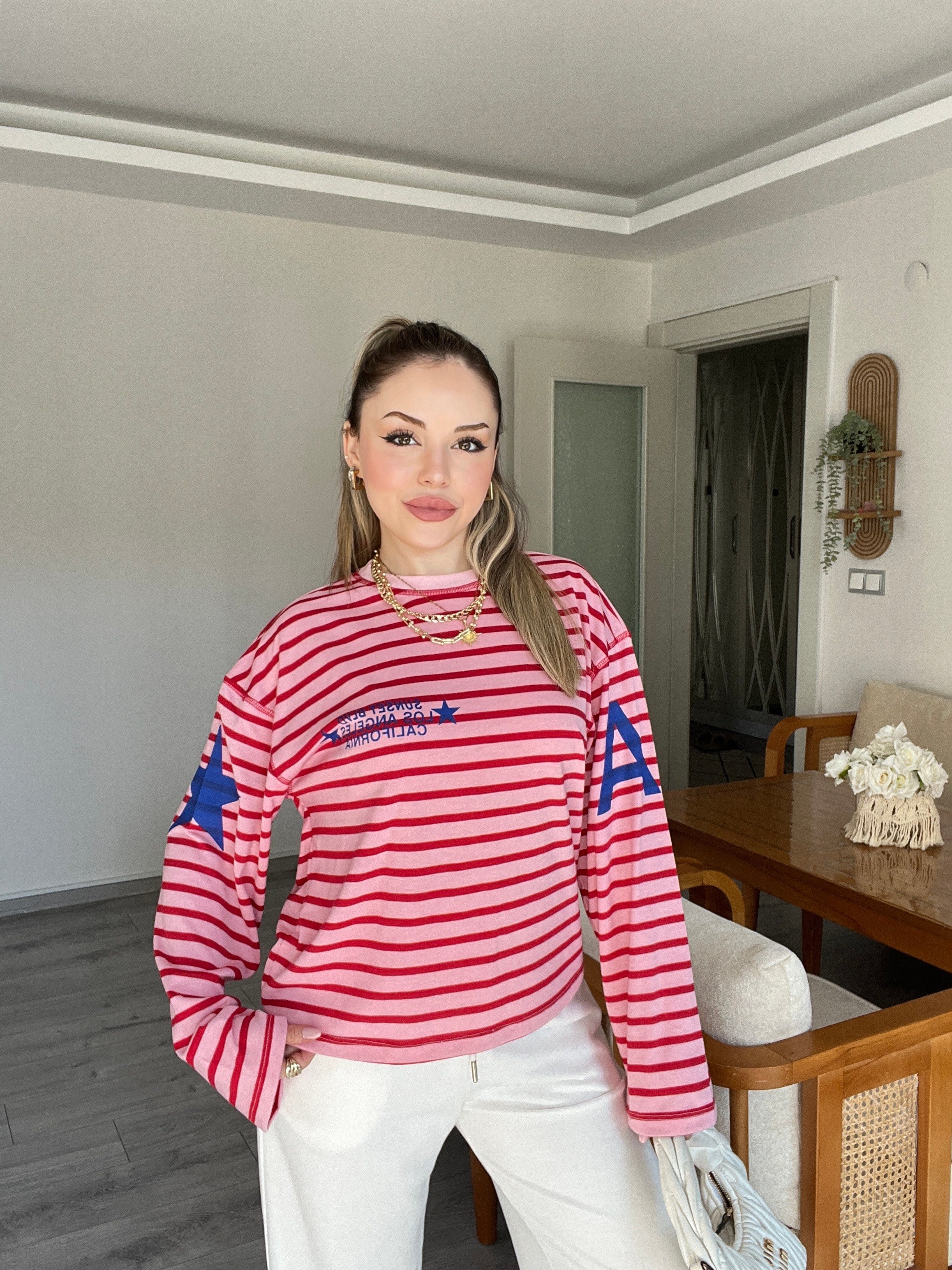 Kırmızı Pembe Çizgili Desenli Basic