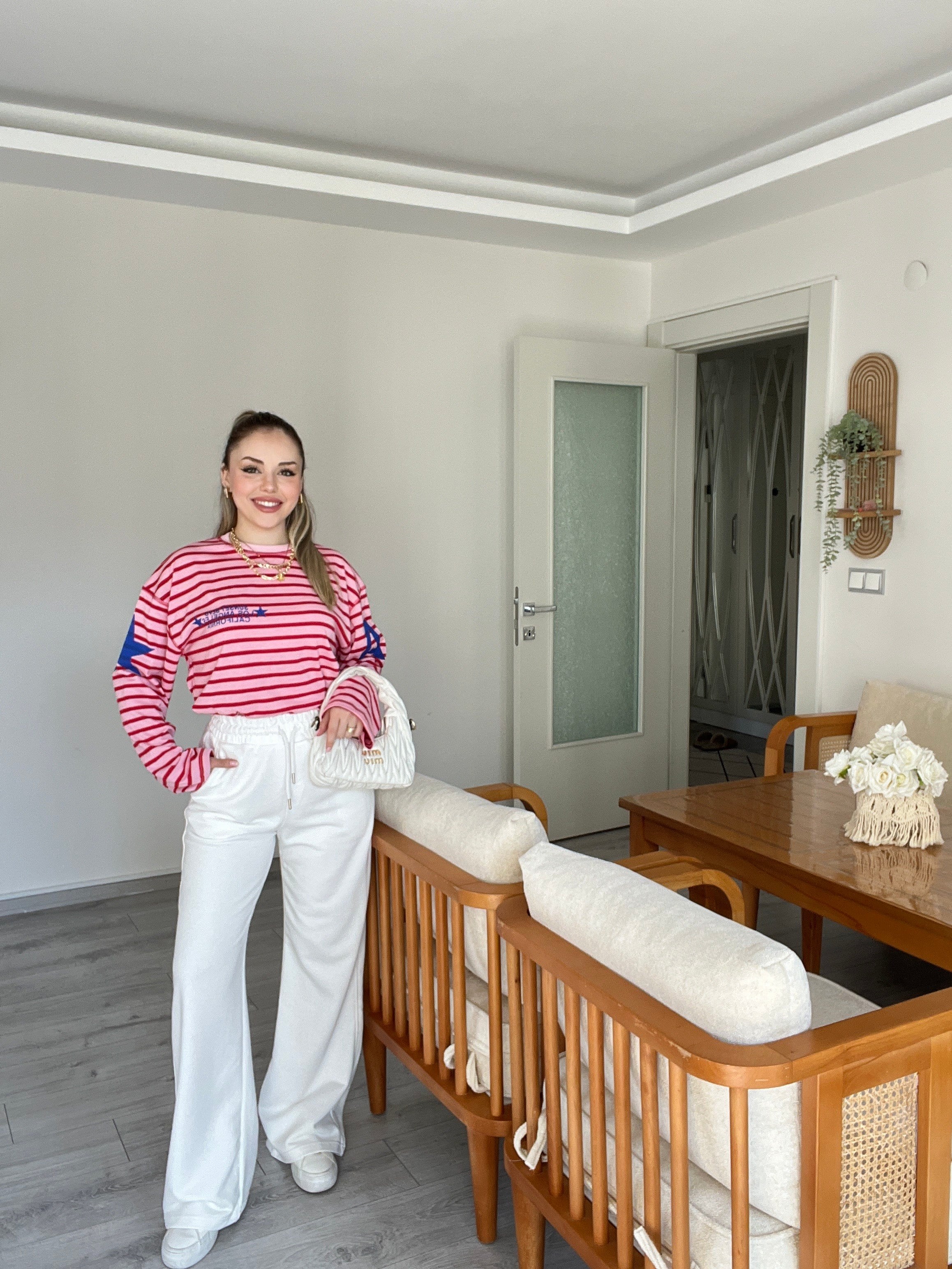 Kırmızı Pembe Çizgili Desenli Basic