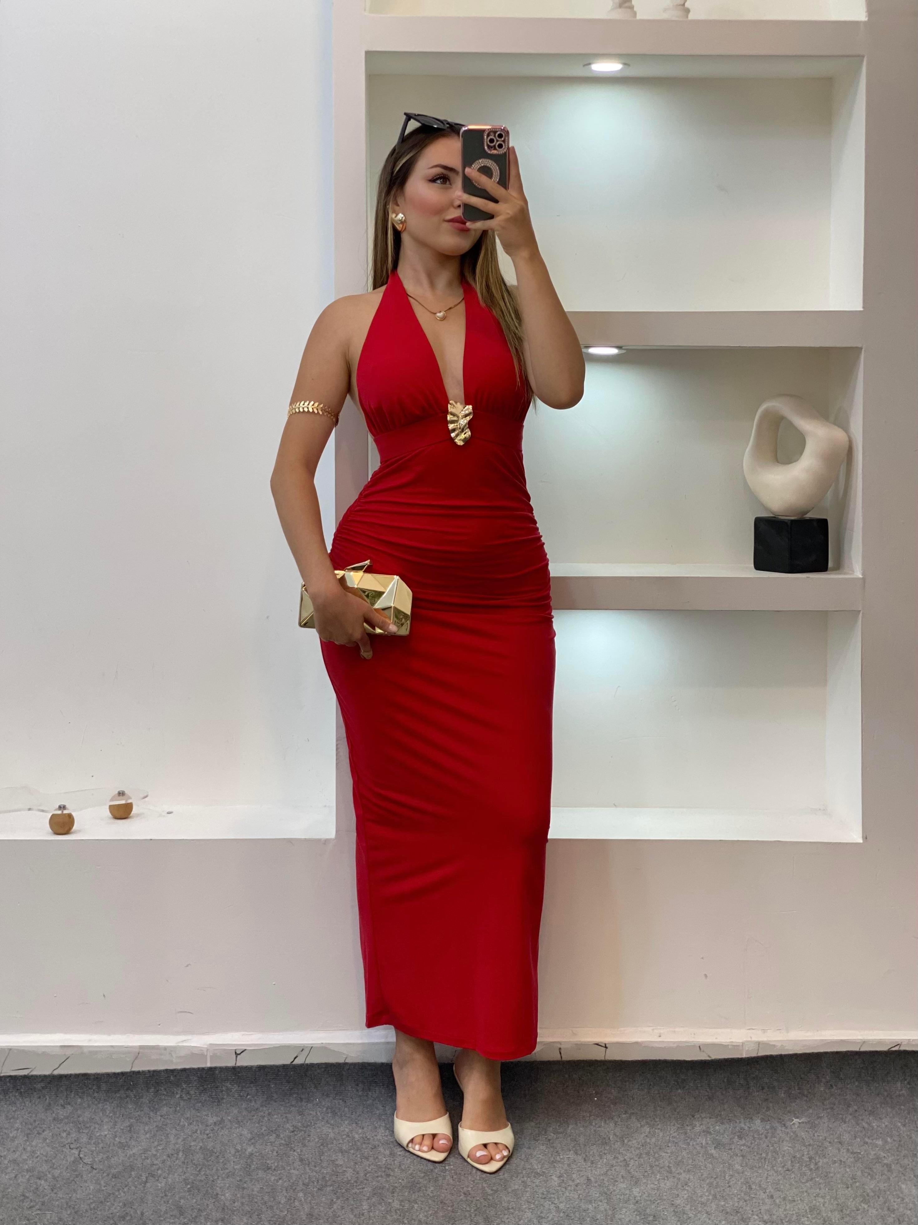 Kırmızı Premium Kalite Sırt Dekolteli Elbise