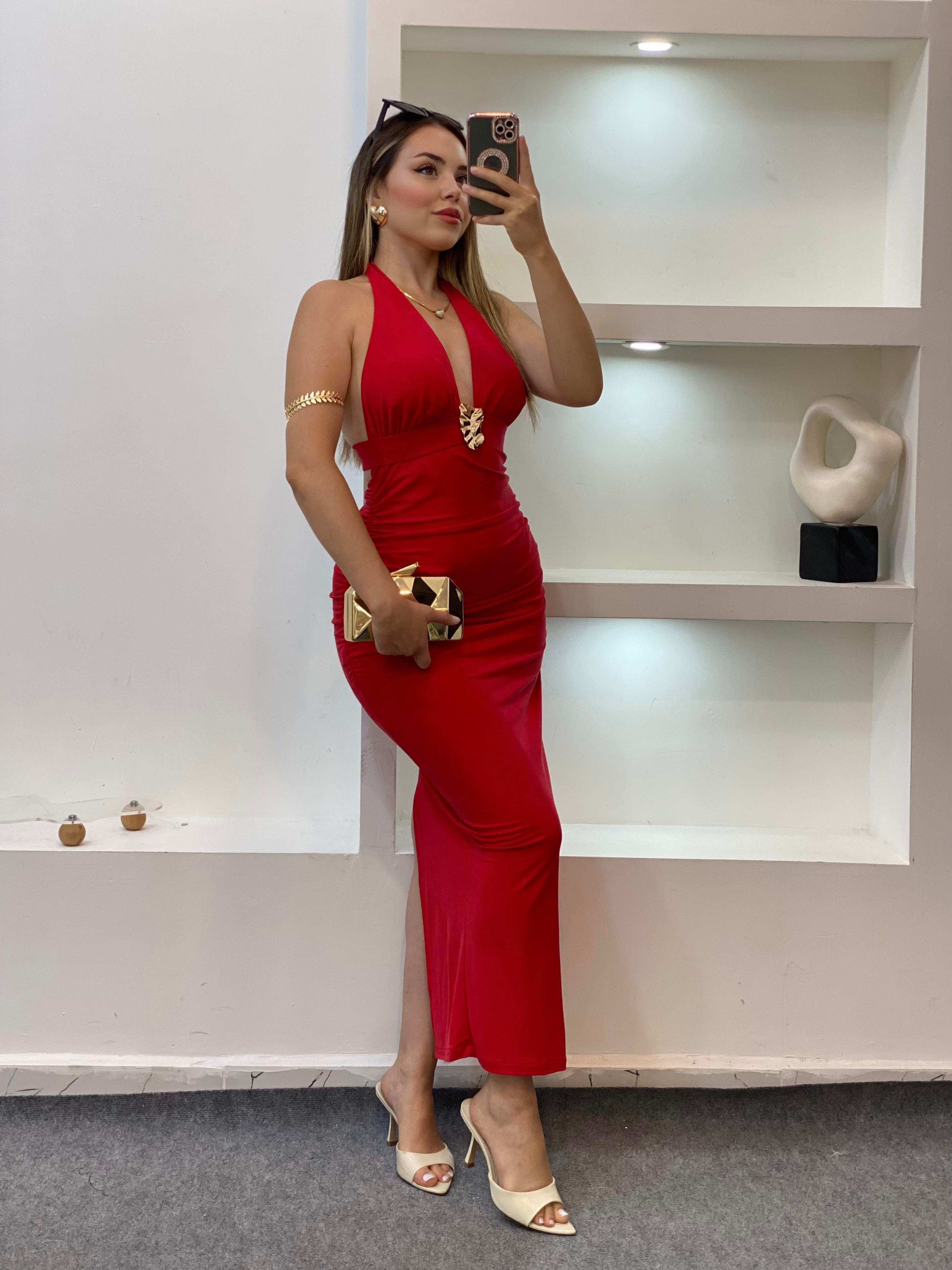Kırmızı Premium Kalite Sırt Dekolteli Elbise