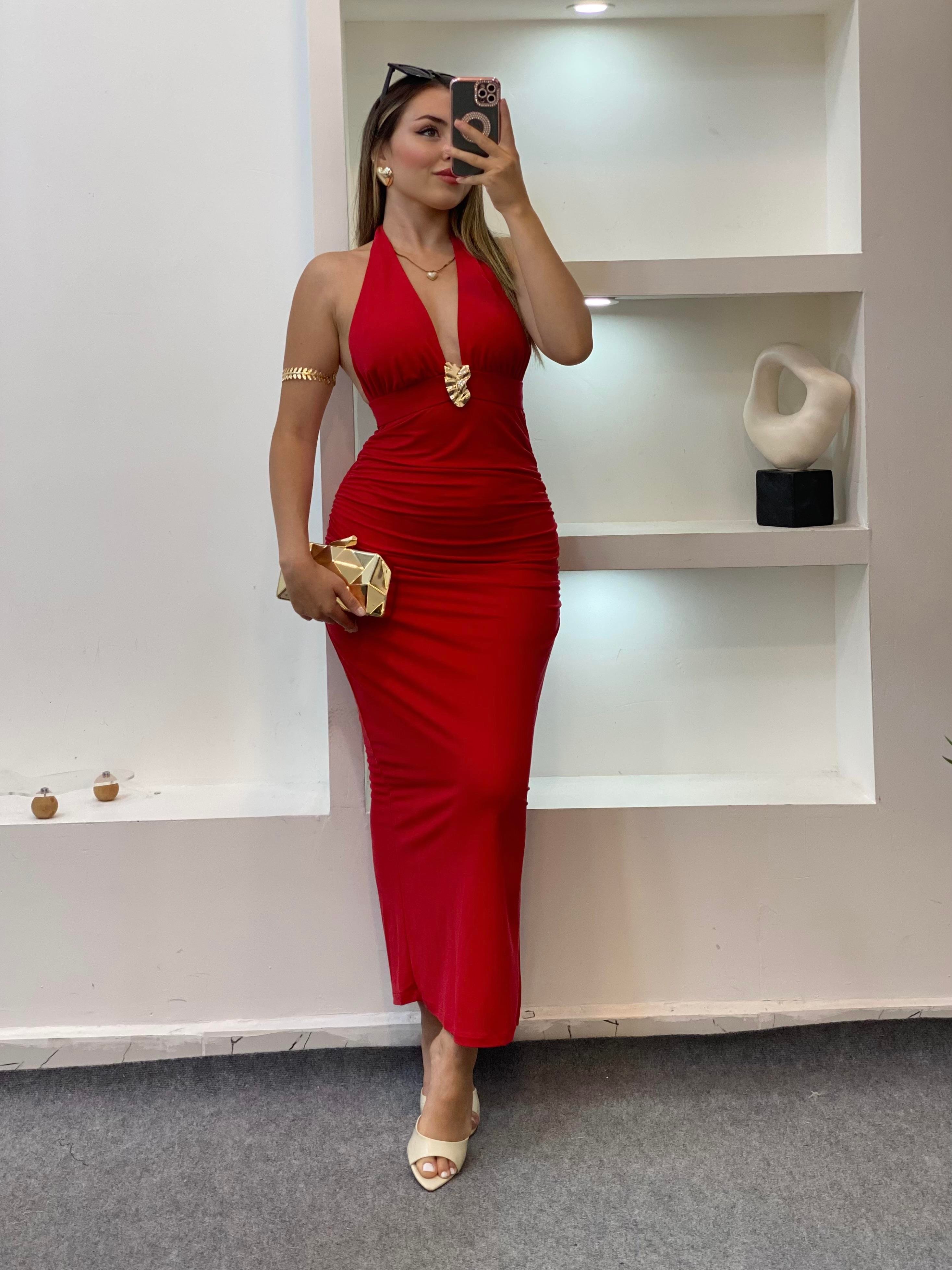 Kırmızı Premium Kalite Sırt Dekolteli Elbise