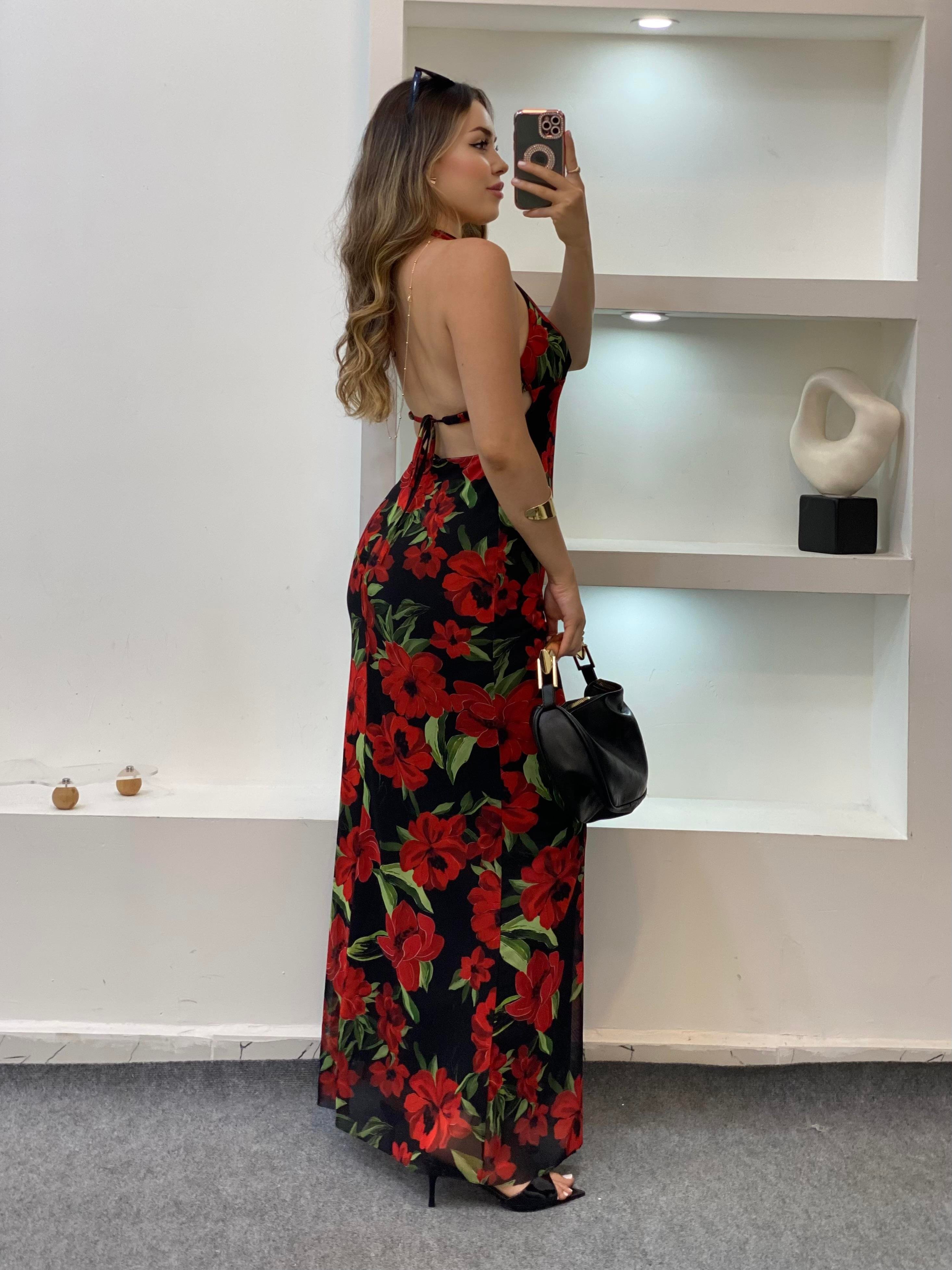 Kırmızı Siyah Çiçek Desenli Sırt Dekolteli Floral Elbise