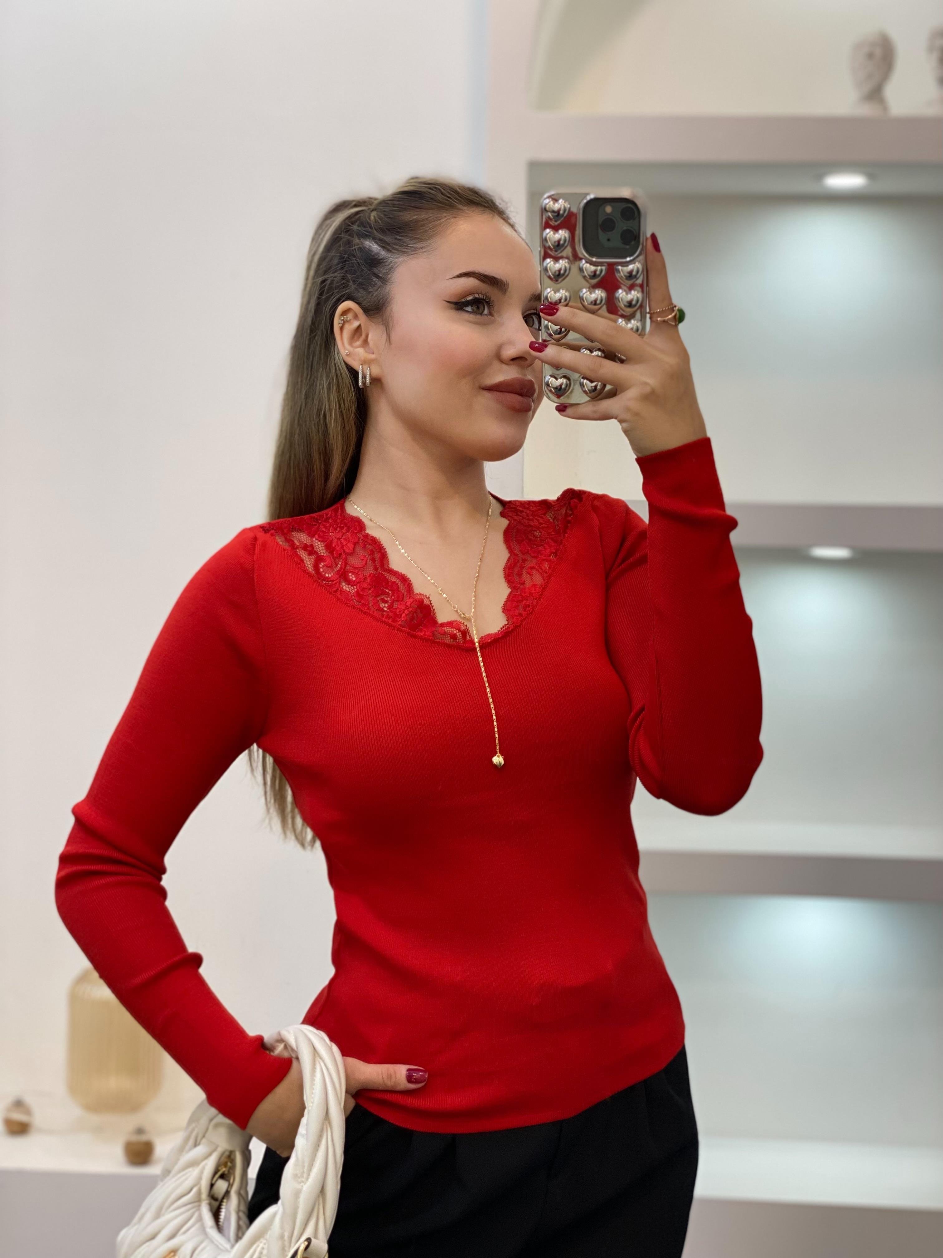 Kırmızı V Yaka Dantel Detaylı Triko Bluz