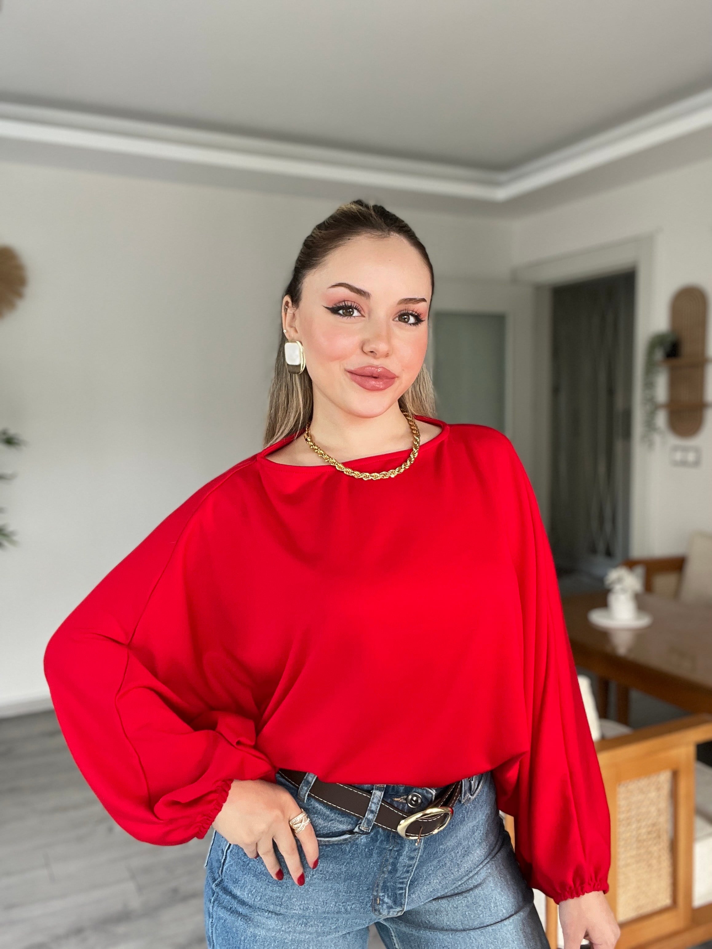 Kırmızı Yarasa Kol Oversize Modal Bluz